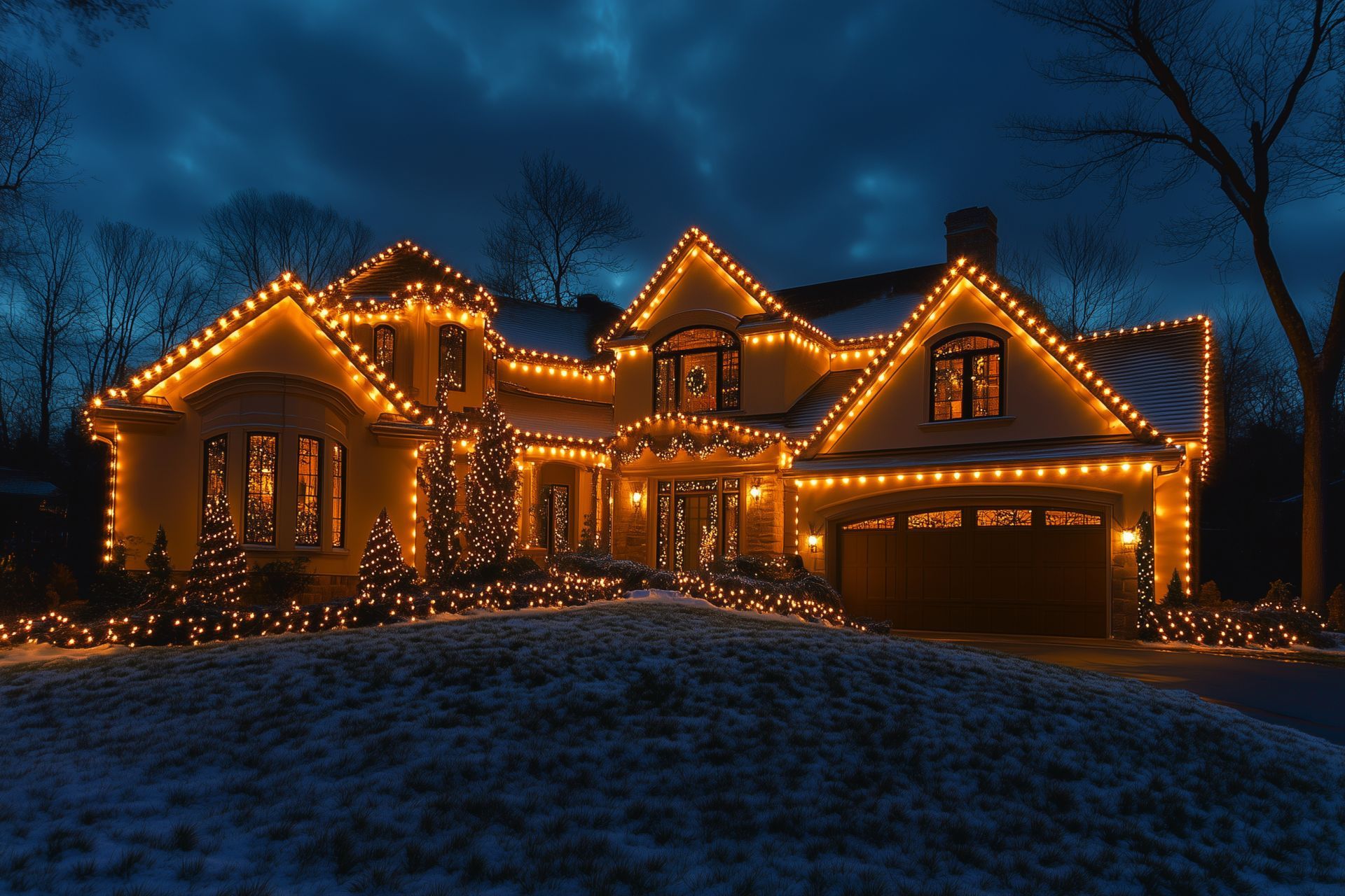 House illuminated with warm white Christmas lights at night, snow on ground.