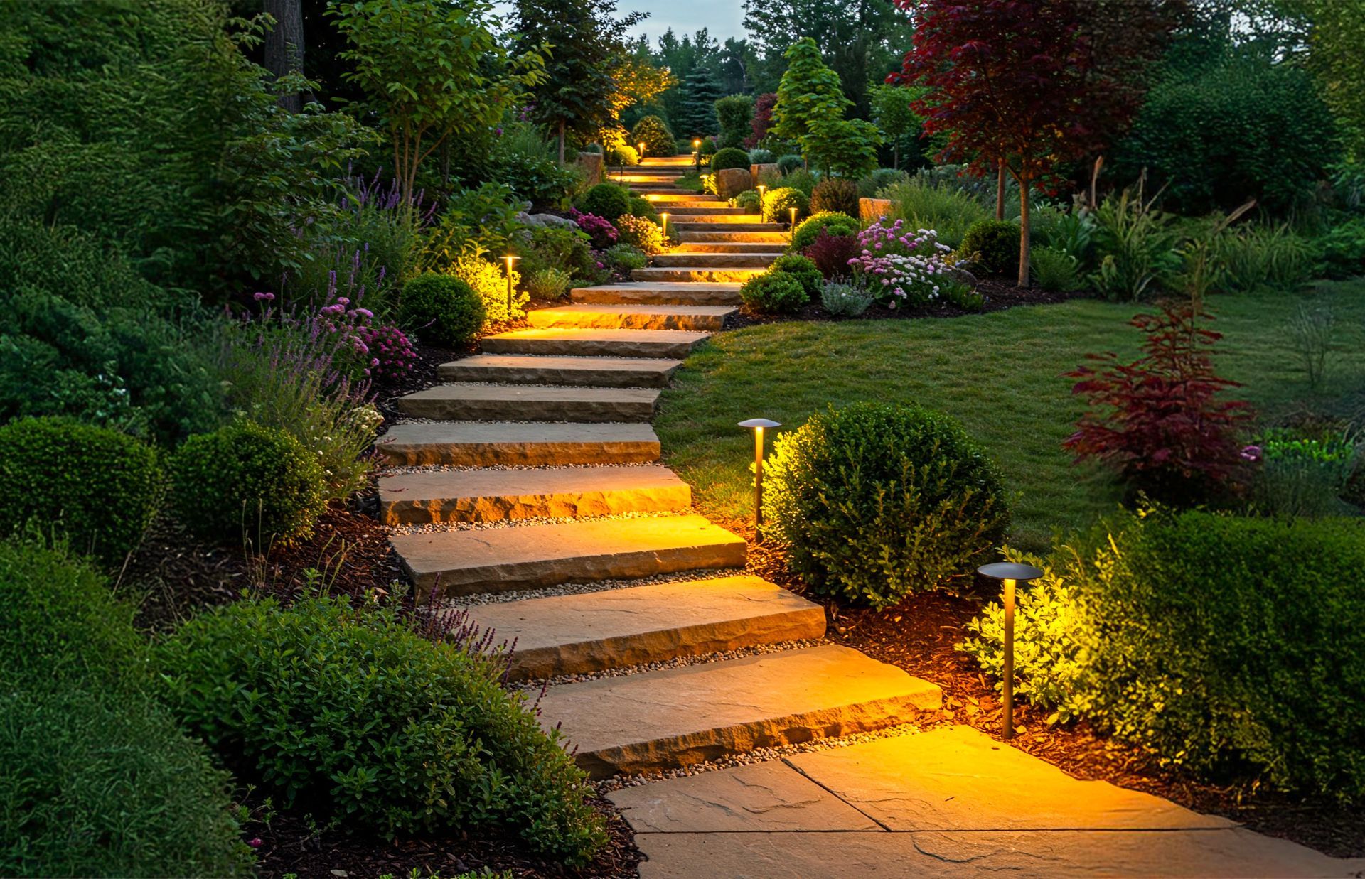 Illuminated garden pathway with stone steps winding through lush greenery at dusk