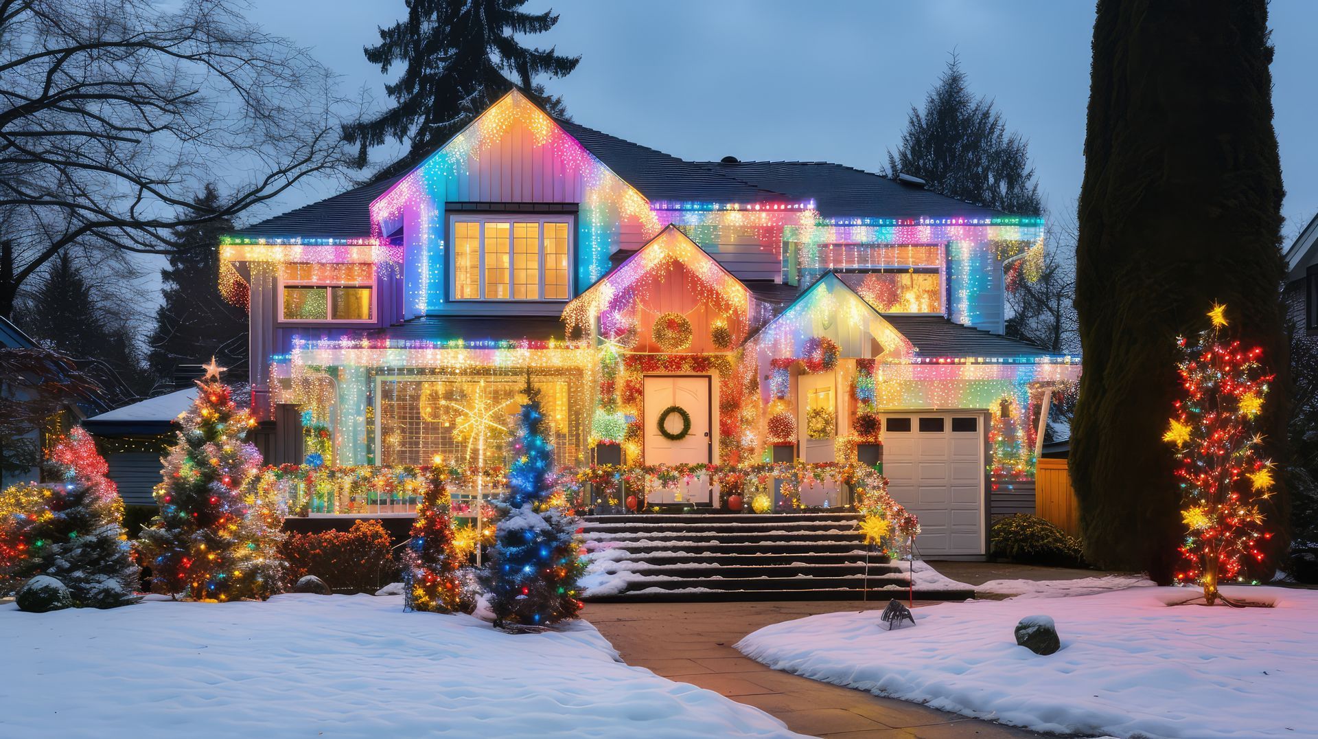 House covered in colorful Christmas lights and trees on a snowy night. House covered in colorful Christmas lights and trees on a snowy night.