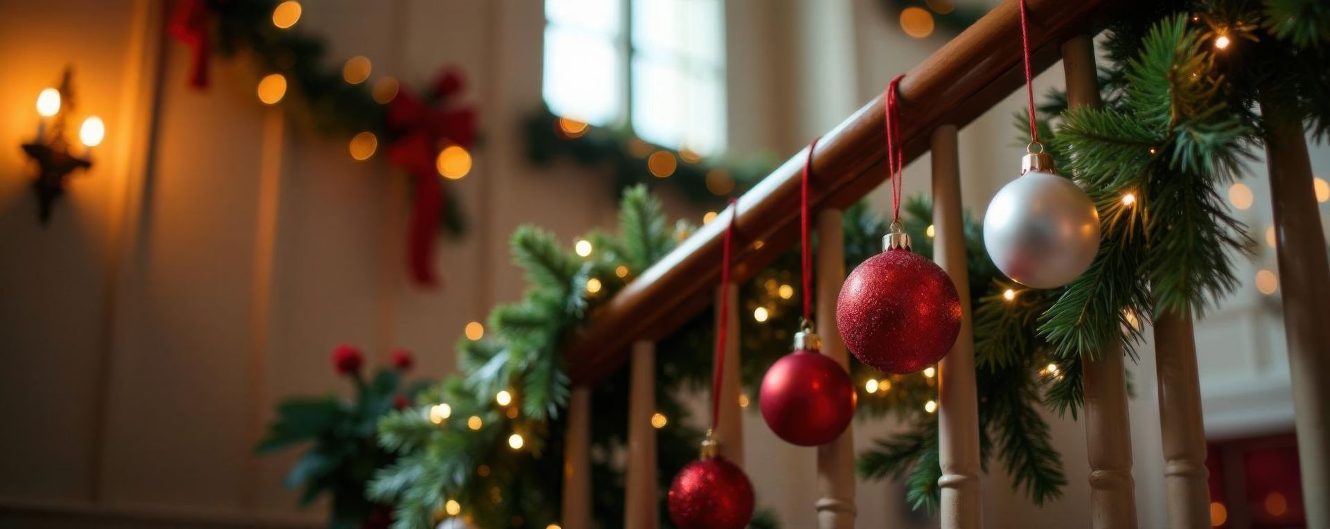 Christmas decorations on a staircase. Red and silver ornaments hang with garland, lights, and a wooden railing.