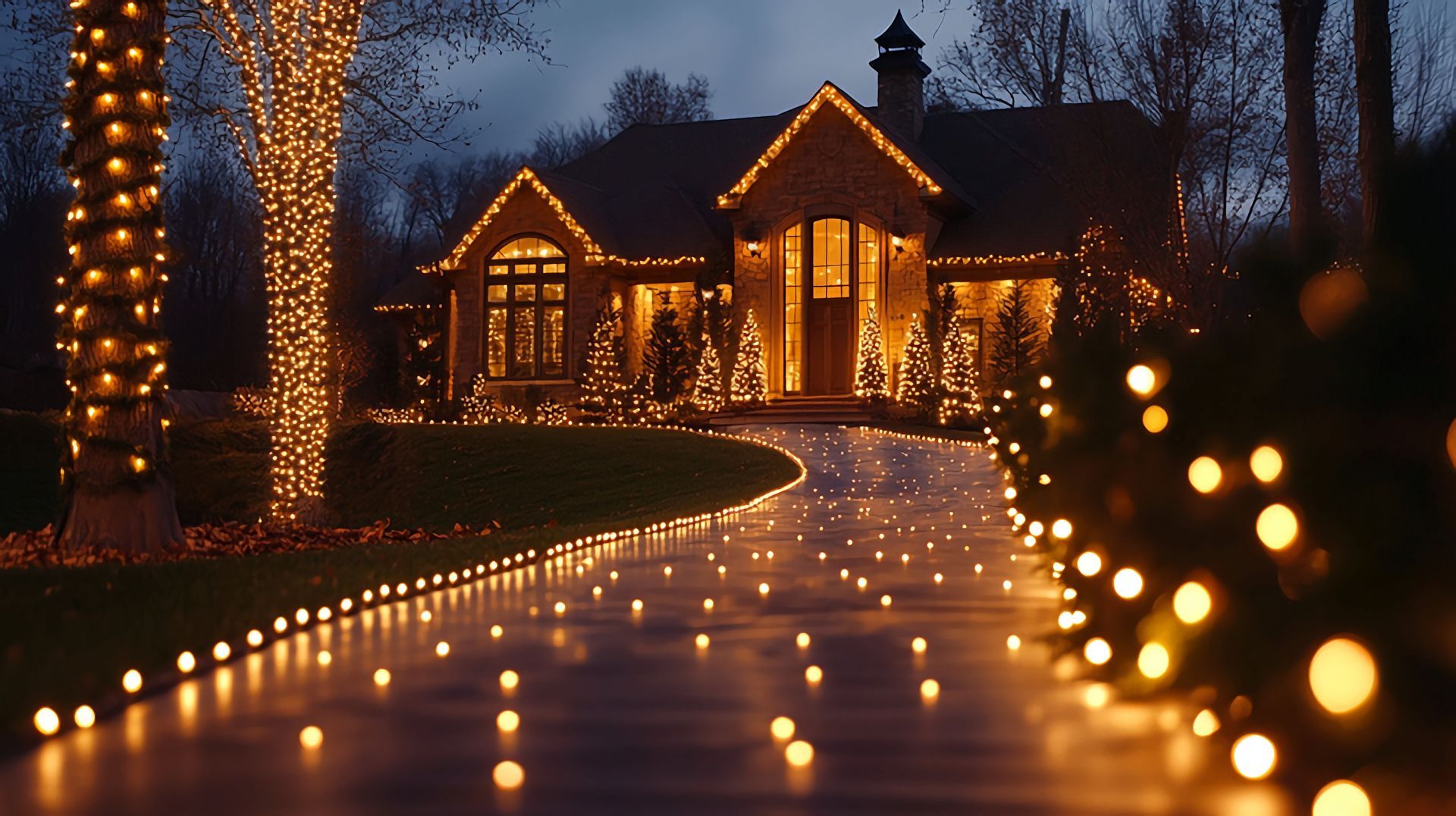 A glowing driveway lined with lights leads to a house decorated with warm Christmas lights at dusk.
