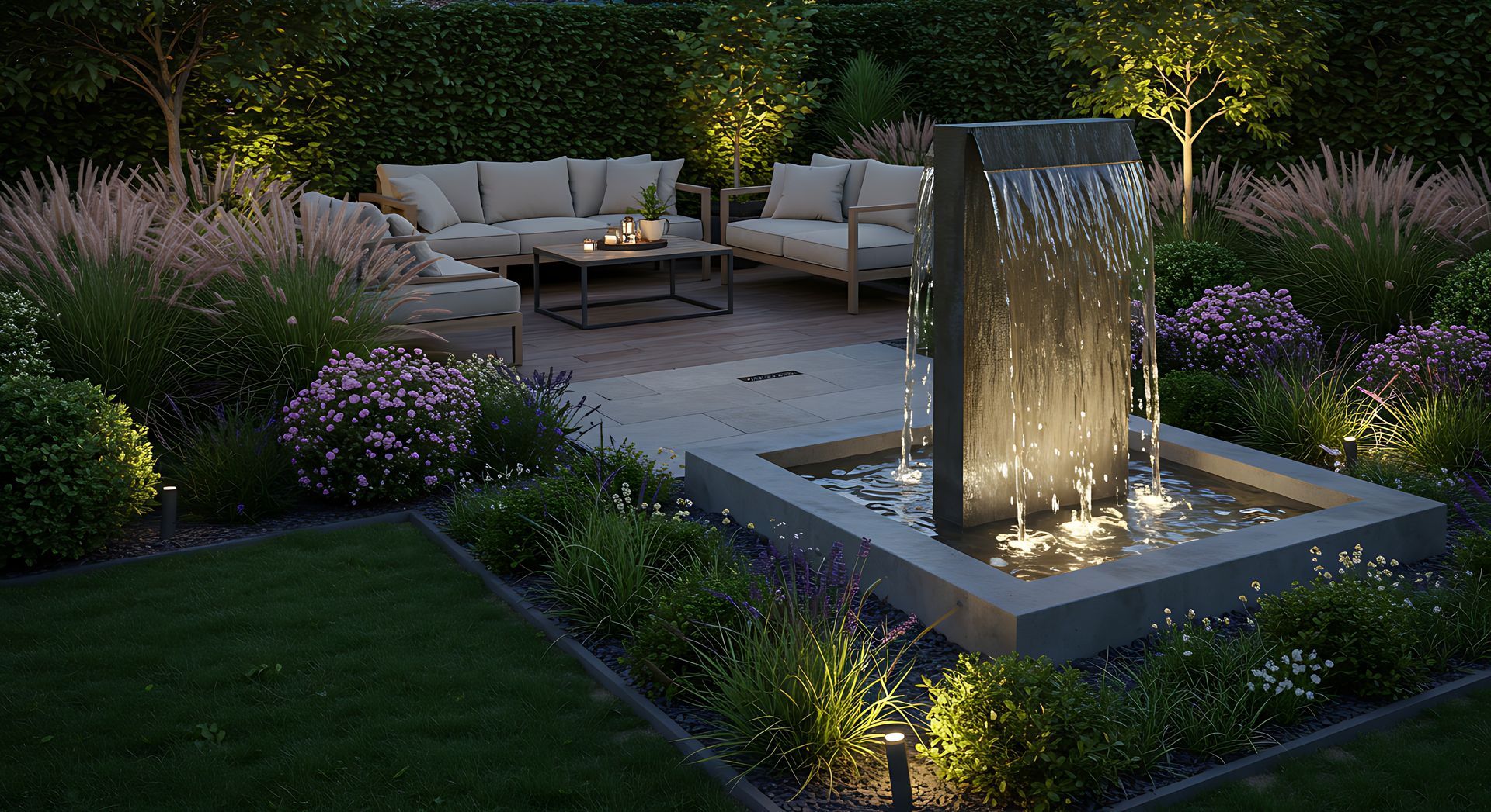 A modern patio garden at dusk featuring a stone water fountain, outdoor lounge furniture, and soft landscape lighting.