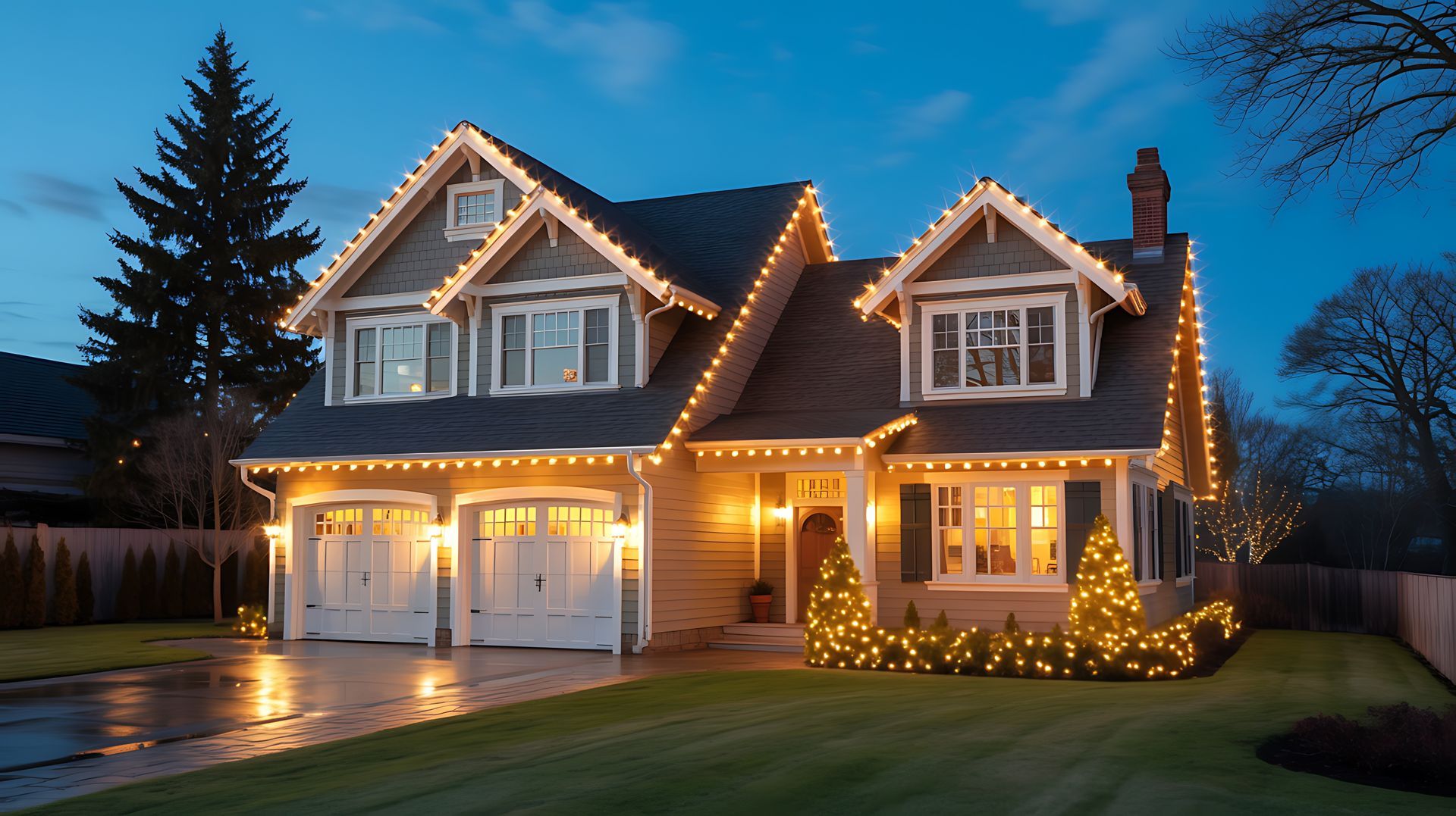 Two-story house with Christmas lights adorning the roof and shrubs, illuminated at dusk.