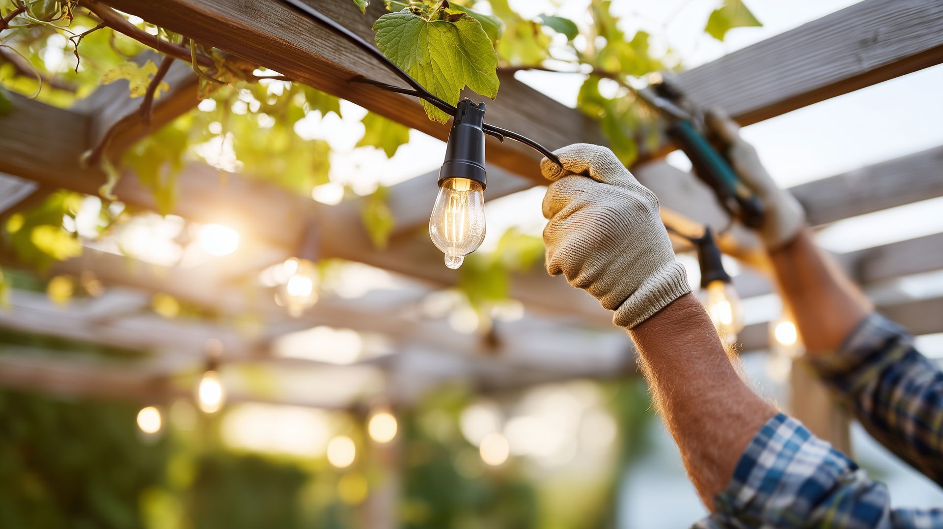 Hands hanging string lights under a wooden pergola in a sunny garden