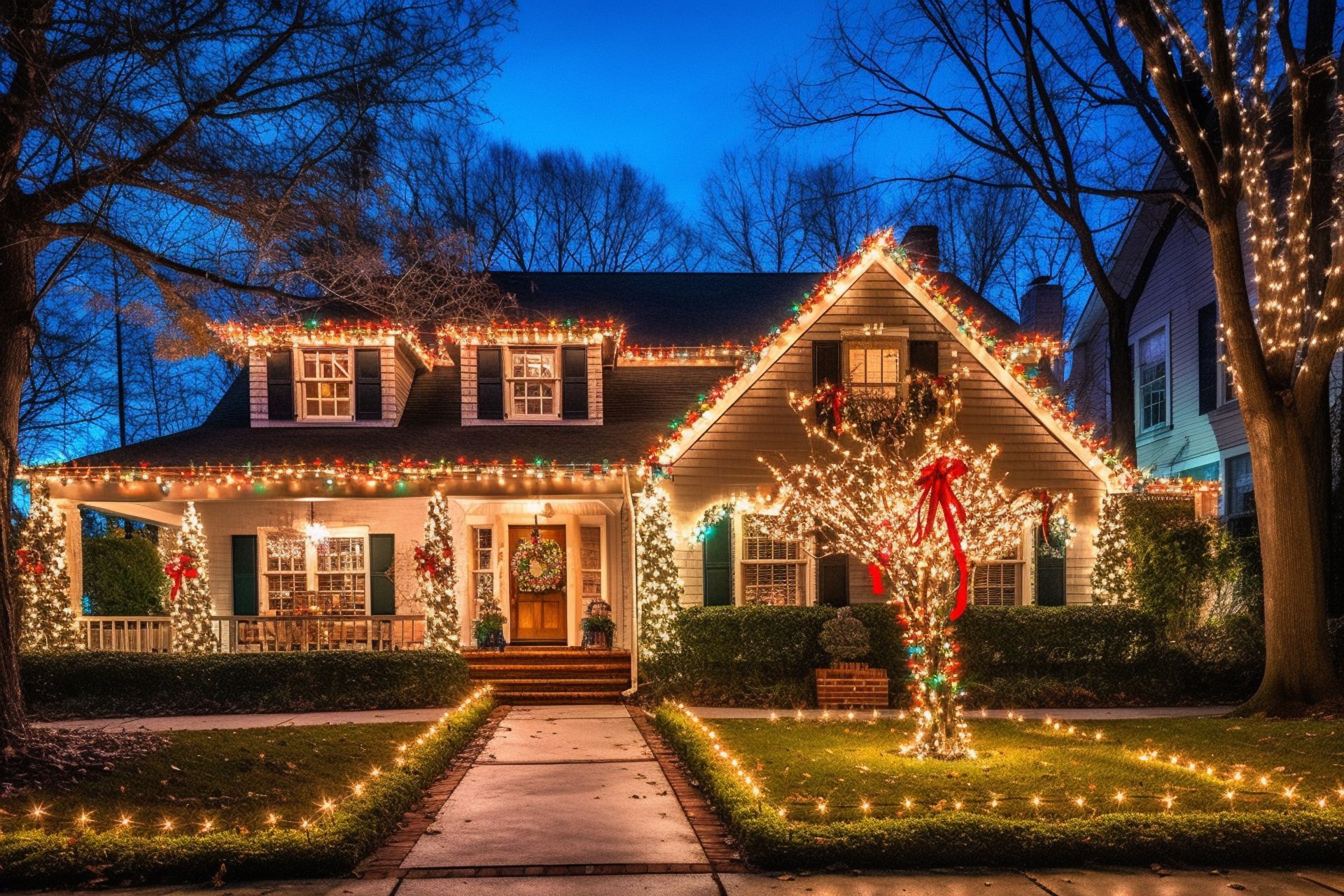 House decorated with Christmas lights at night; warm glow, blue sky, and glowing pathway.