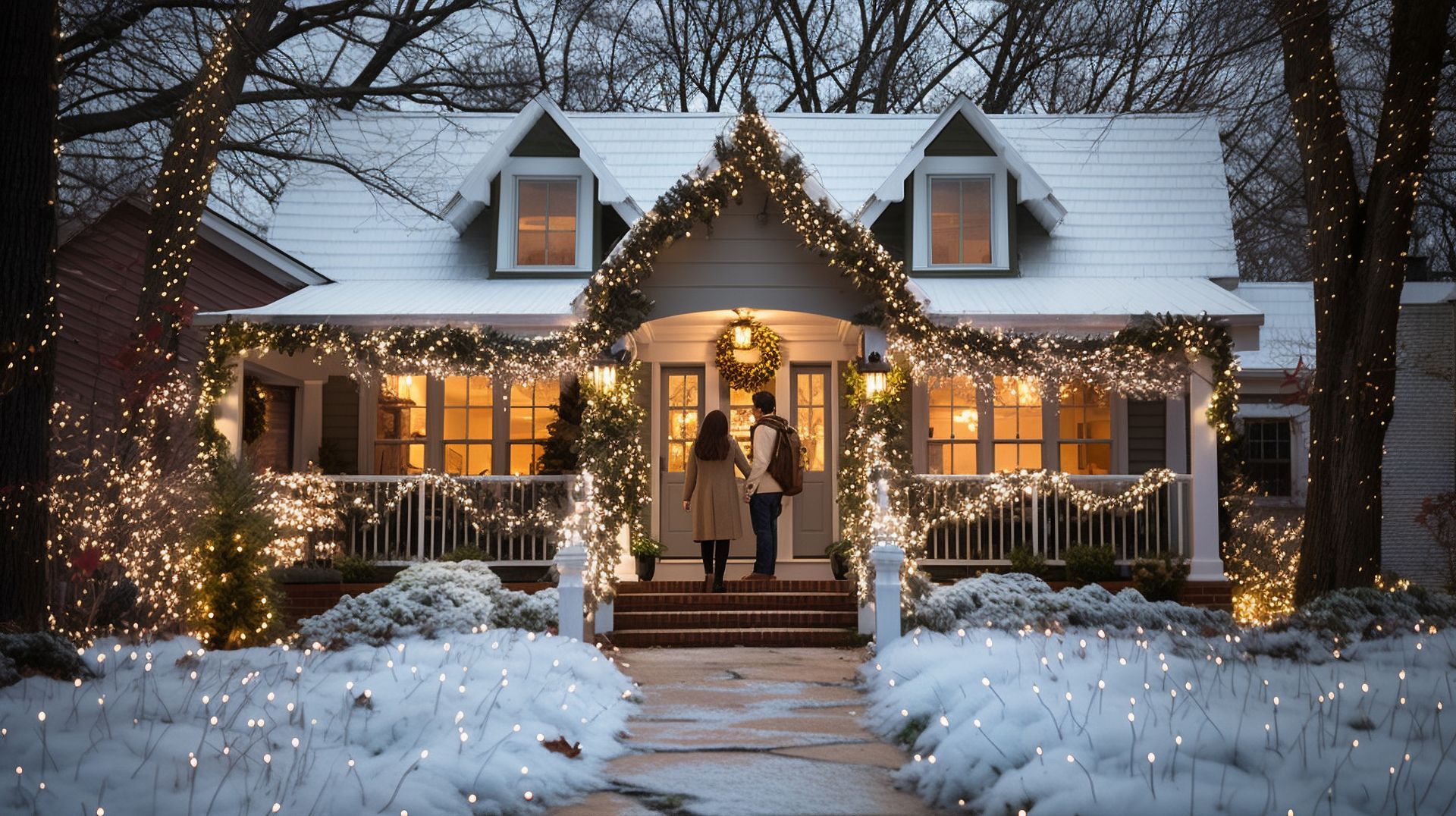 Couple holding hands on porch of snow-covered house, decorated with lights for Christmas.