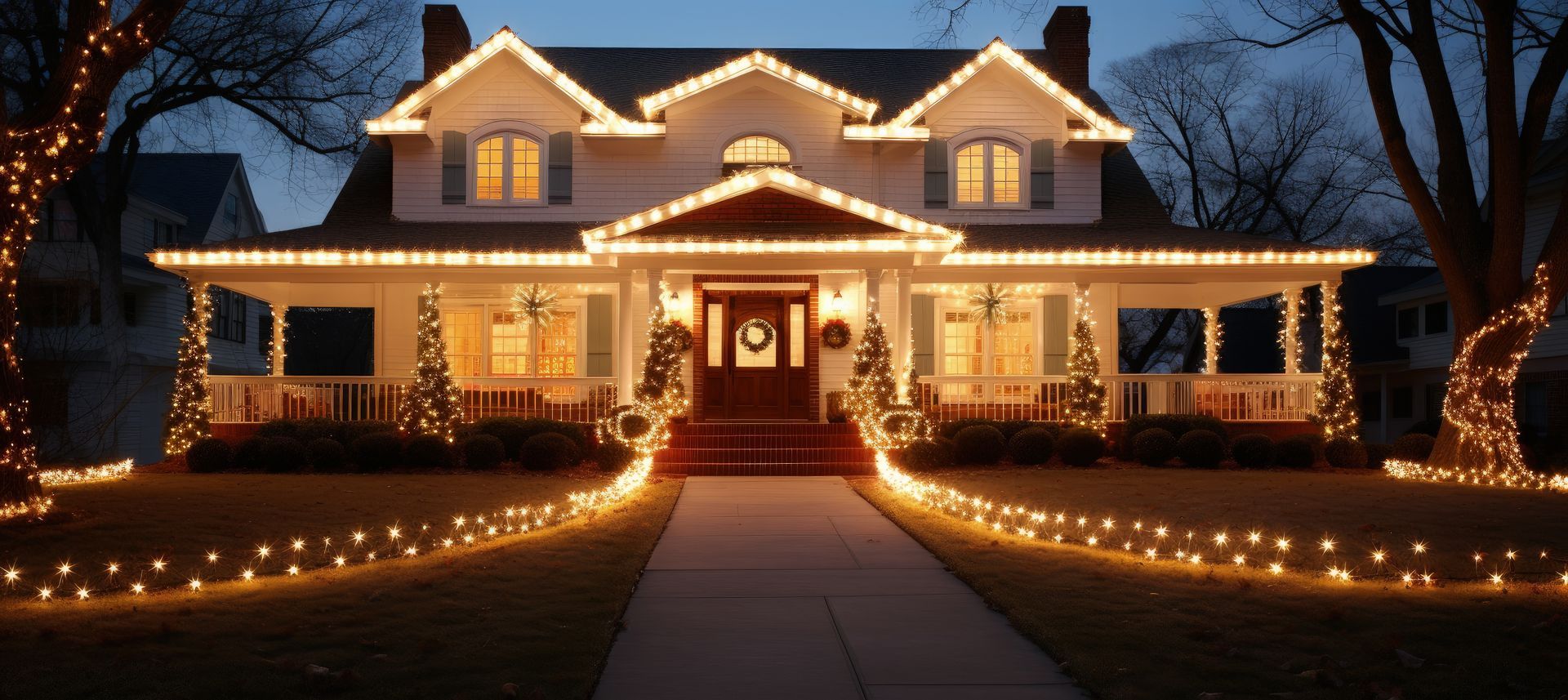 House decorated with Christmas lights at night, with a walkway leading to the front door.