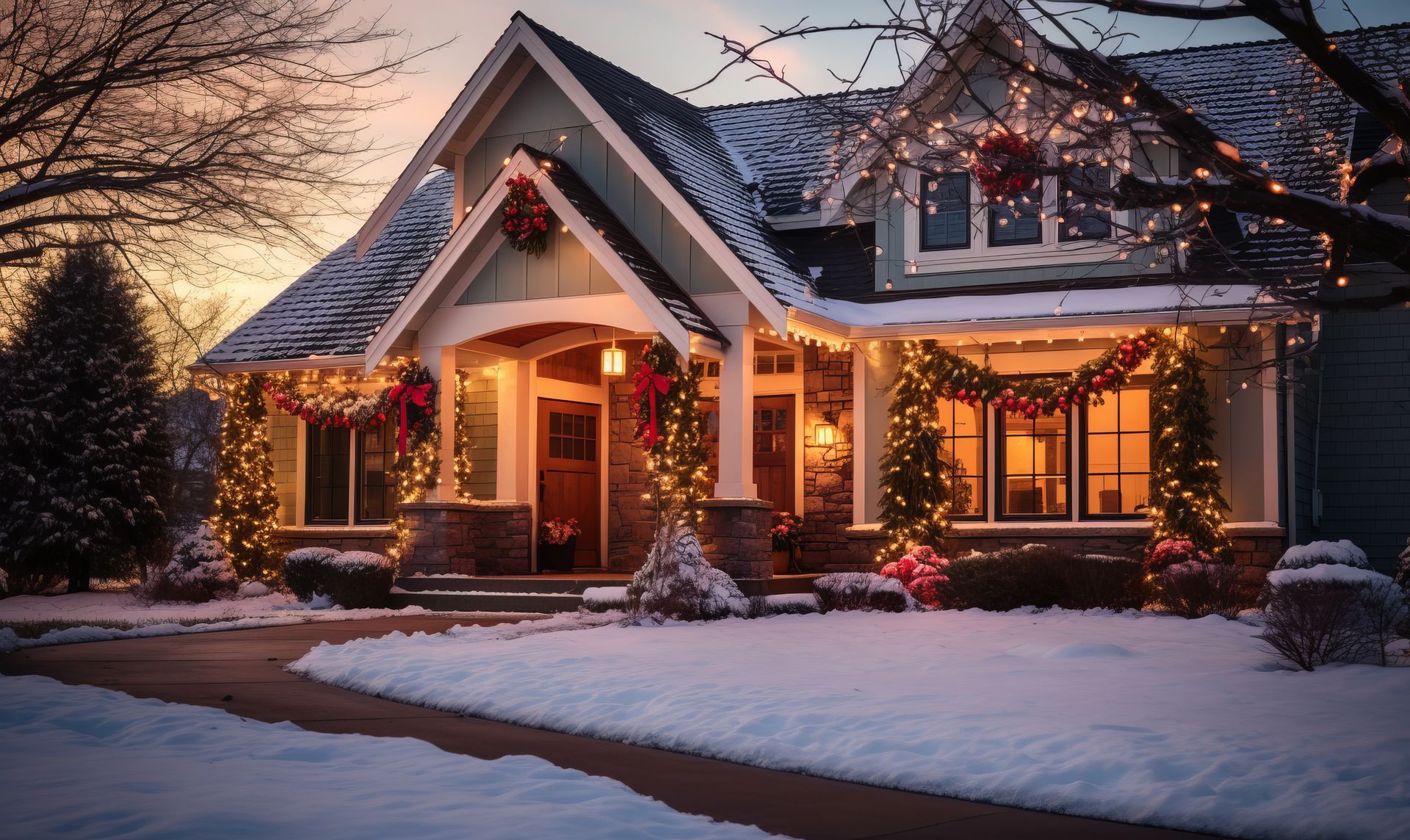 Festive front porch with black door, Christmas wreath, lit lanterns, and potted evergreens with red bows