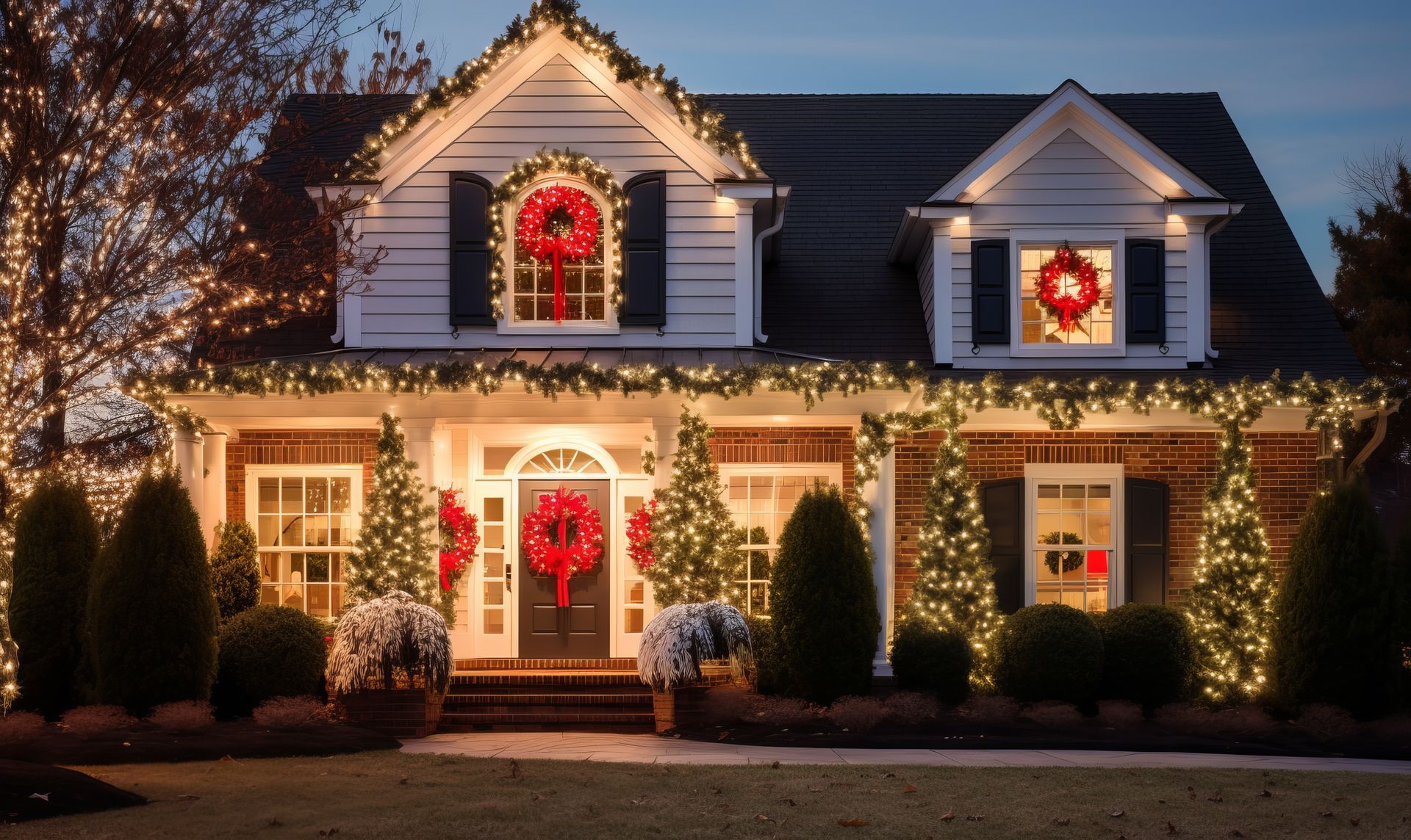 House decorated for Christmas with wreaths, lights, and small trees; evening.