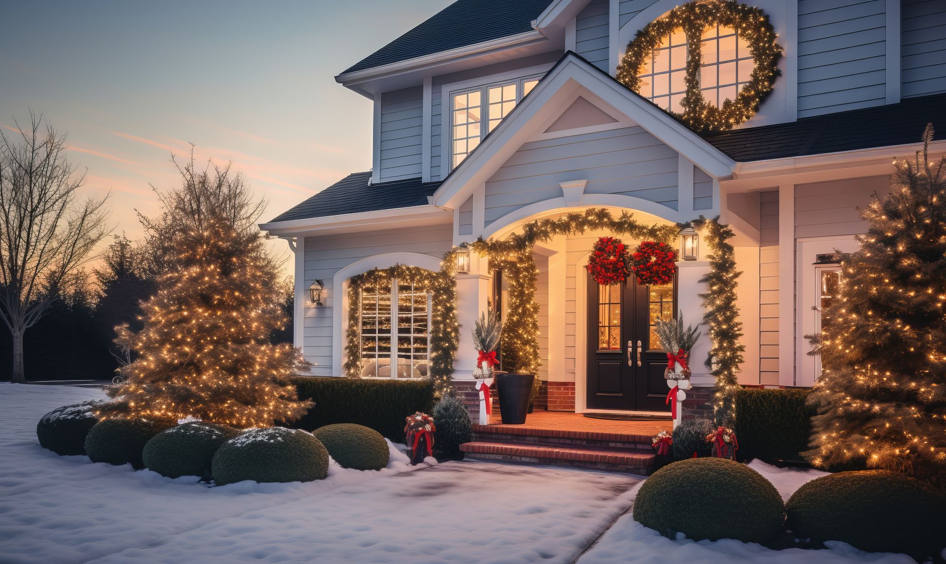 Winter scene of a house decorated for Christmas with lights, wreaths, and snow-covered yard.