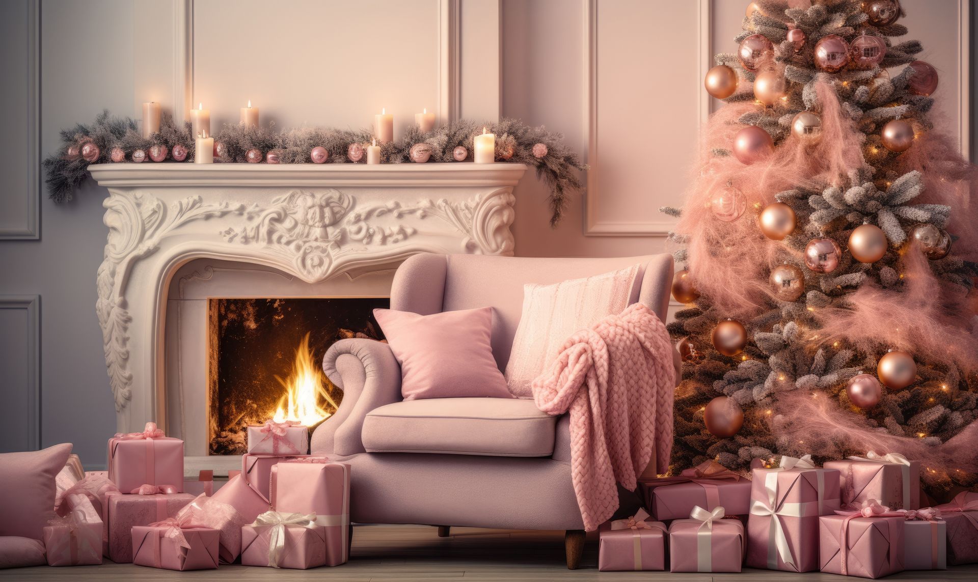 Pink Christmas scene: Decorated tree, fireplace, armchair, presents. Pink Christmas scene: Decorated tree, fireplace, armchair, presents.