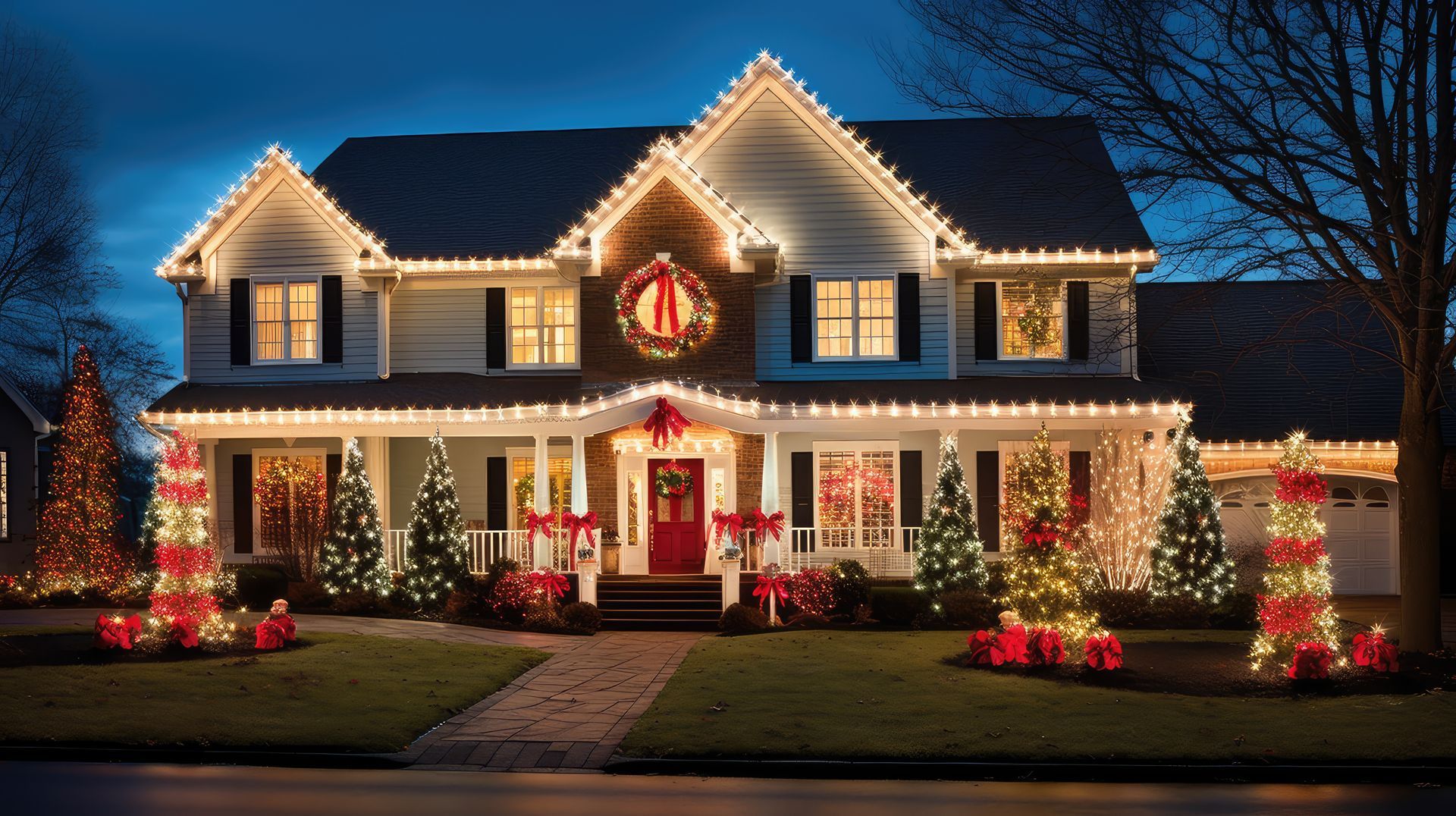 Festive two-story house at night, decorated with white Christmas lights, red bows, and lit-up Christmas trees.