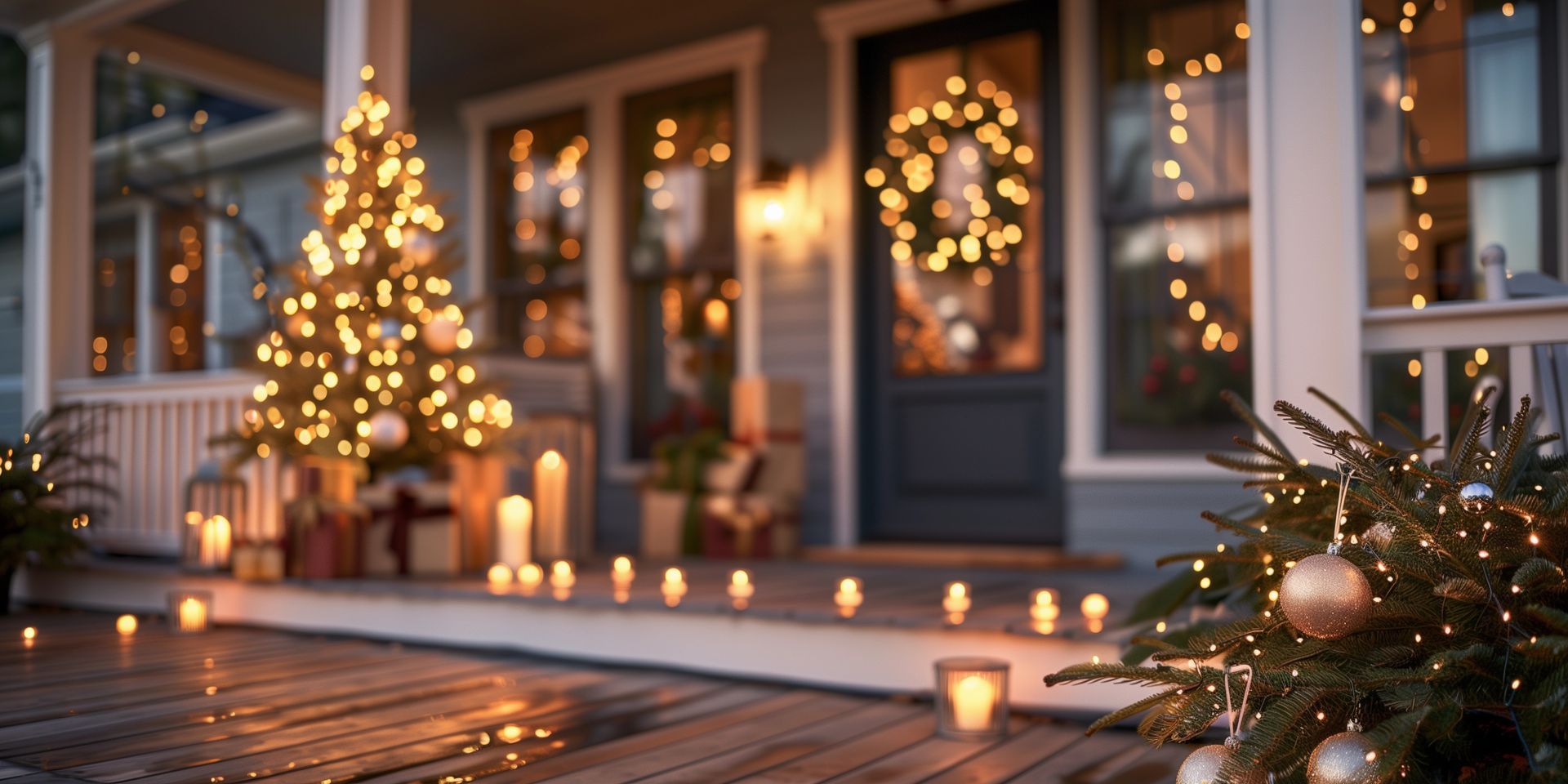 A cozy porch decorated for Christmas with a lit tree, a wreath on the door, and numerous candles glowing on the floor.
