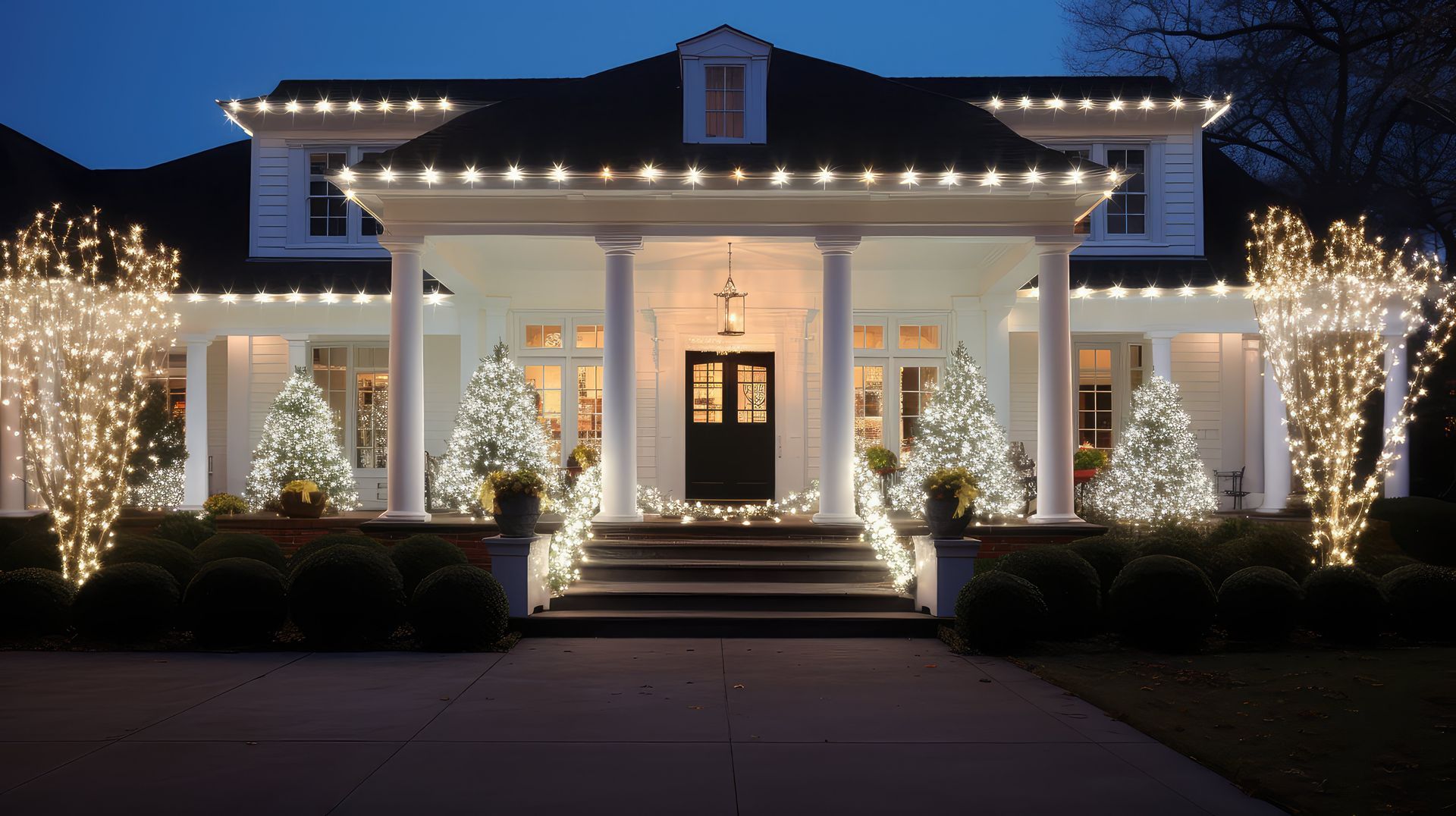 A house at night, decorated with Christmas lights on the roof, trees, and shrubs.