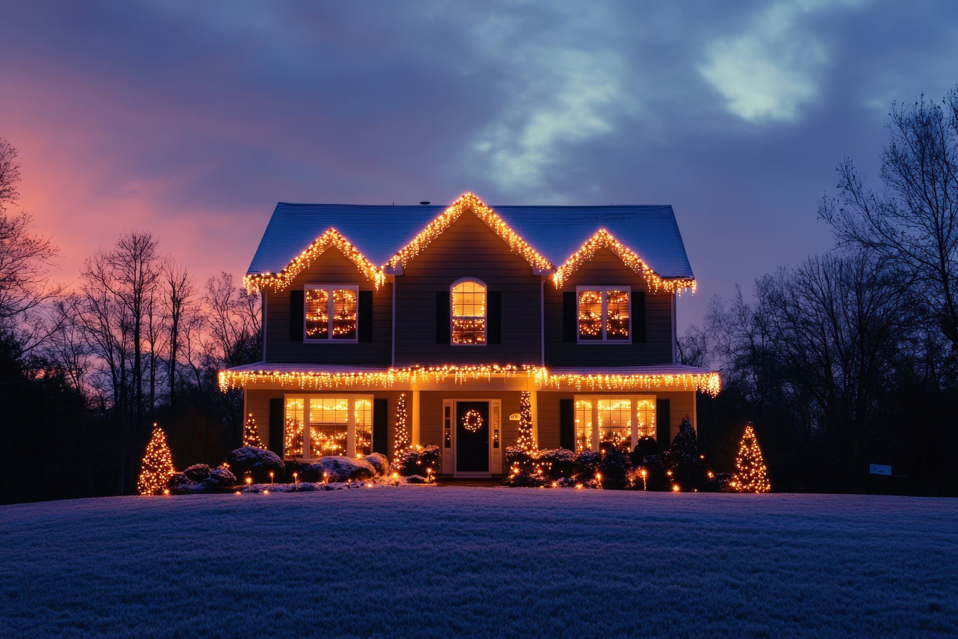 House decorated with Christmas lights at dusk, surrounded by snow and evergreens.
