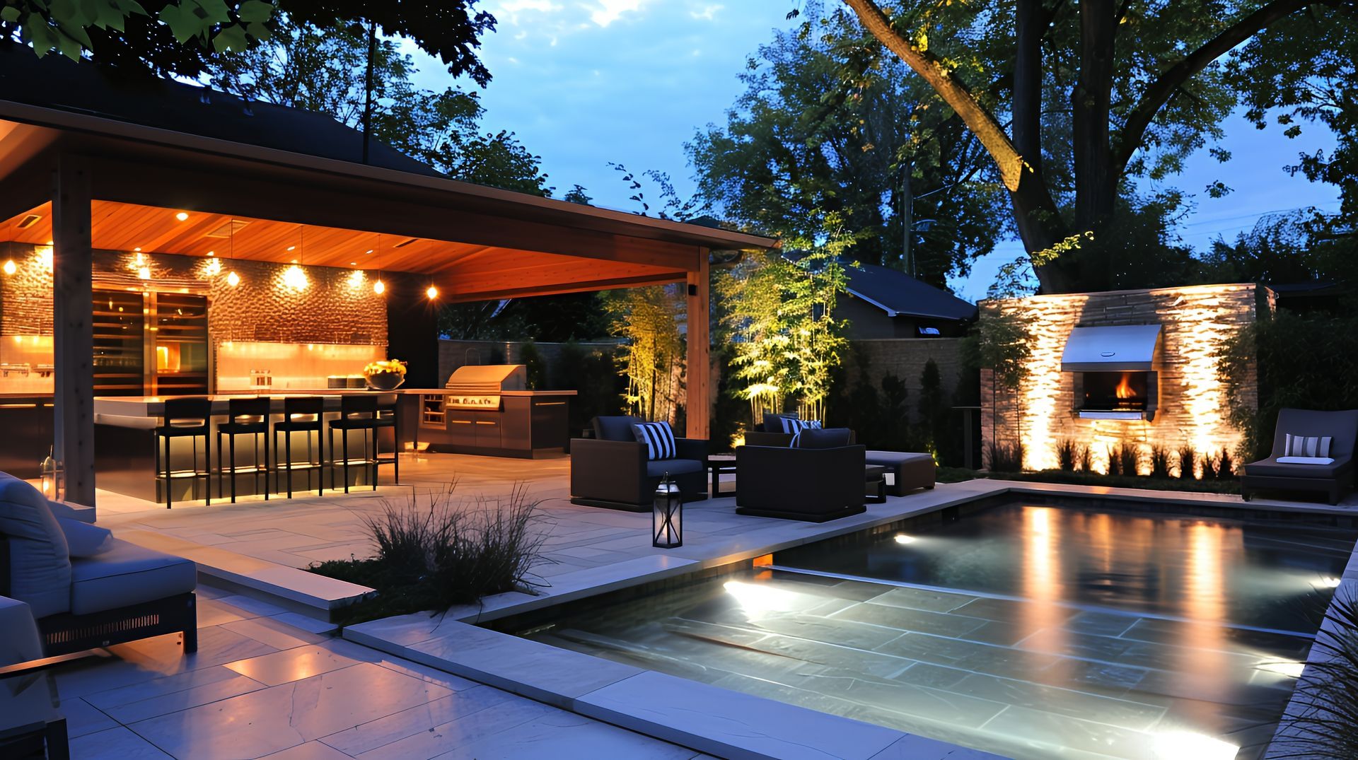 A lit backyard at dusk features a covered patio with a kitchen, a pool, and an outdoor fireplace with stone walls.