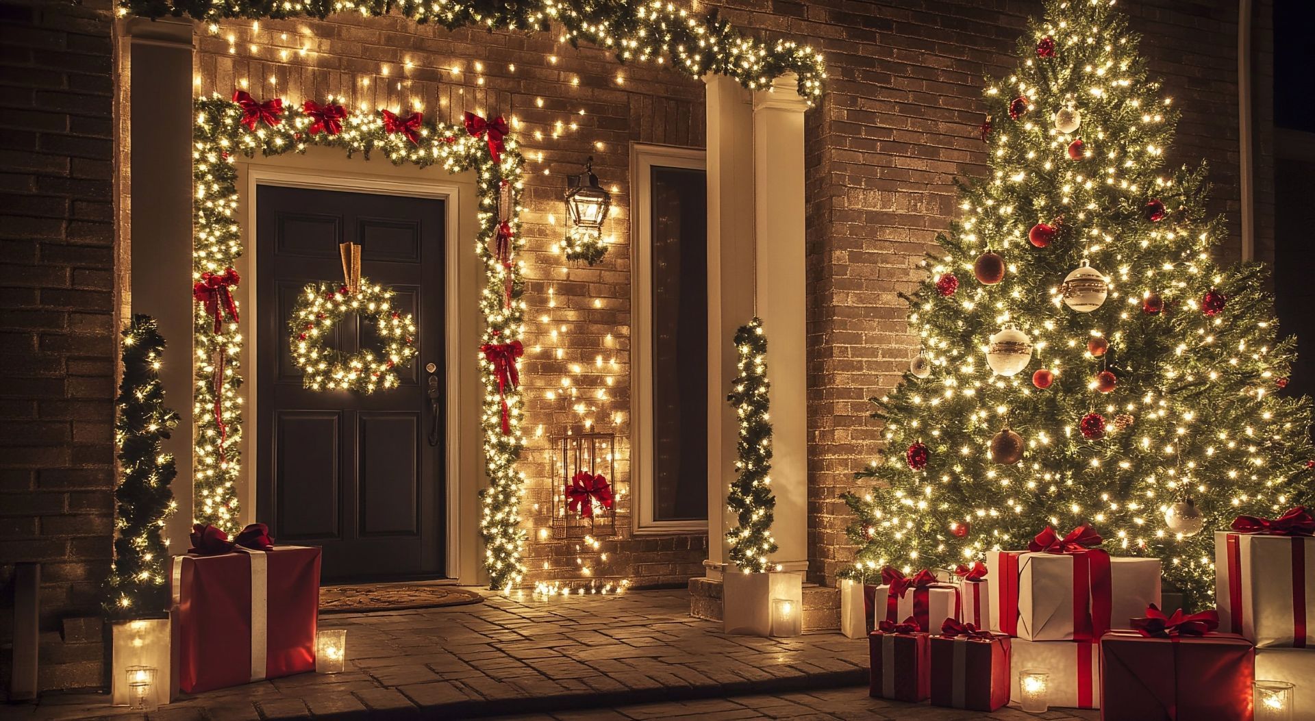 Christmas-decorated front porch with a tree, gifts, and lights; festive holiday scene.