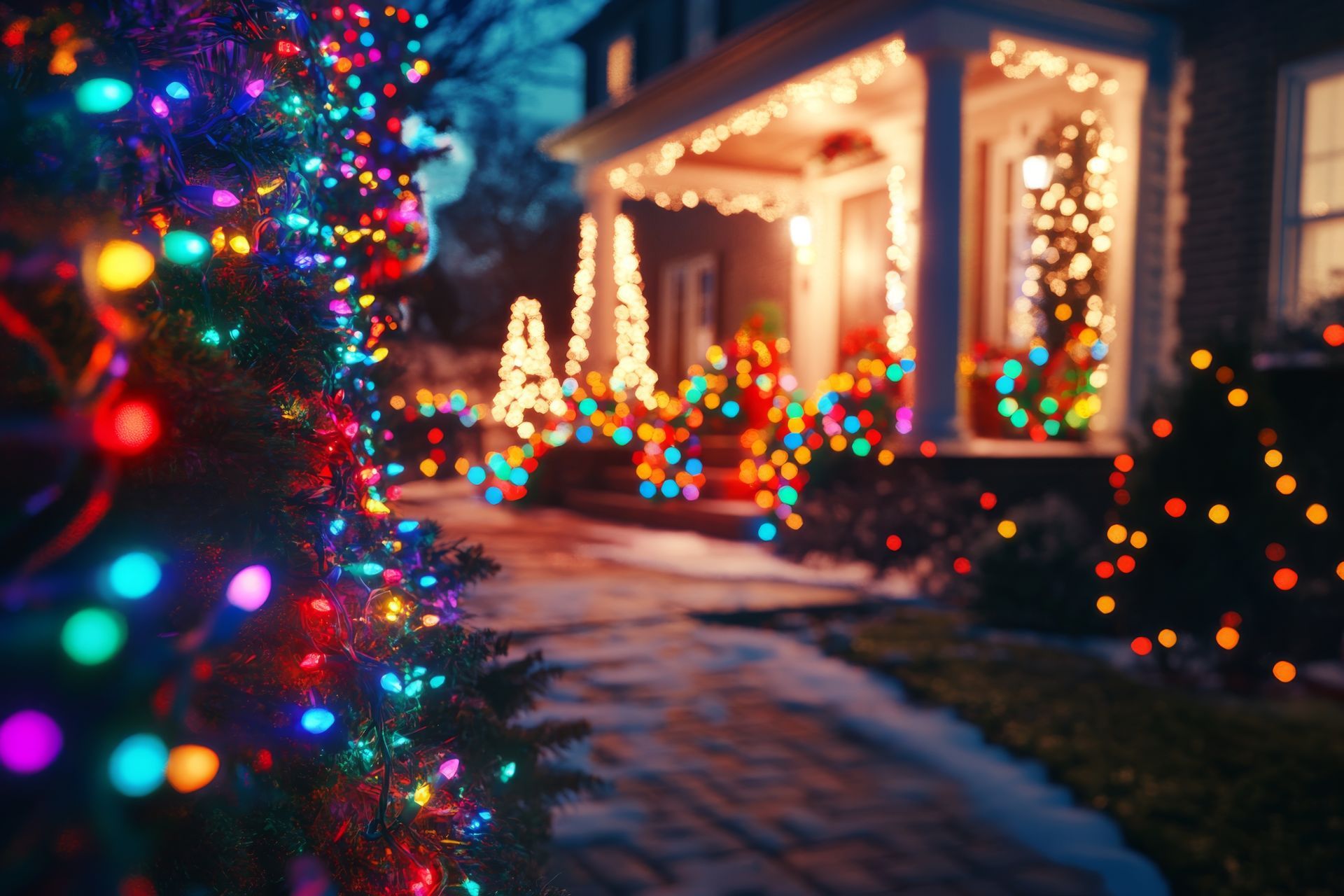 Christmas lights illuminate a house and surrounding yard at dusk.