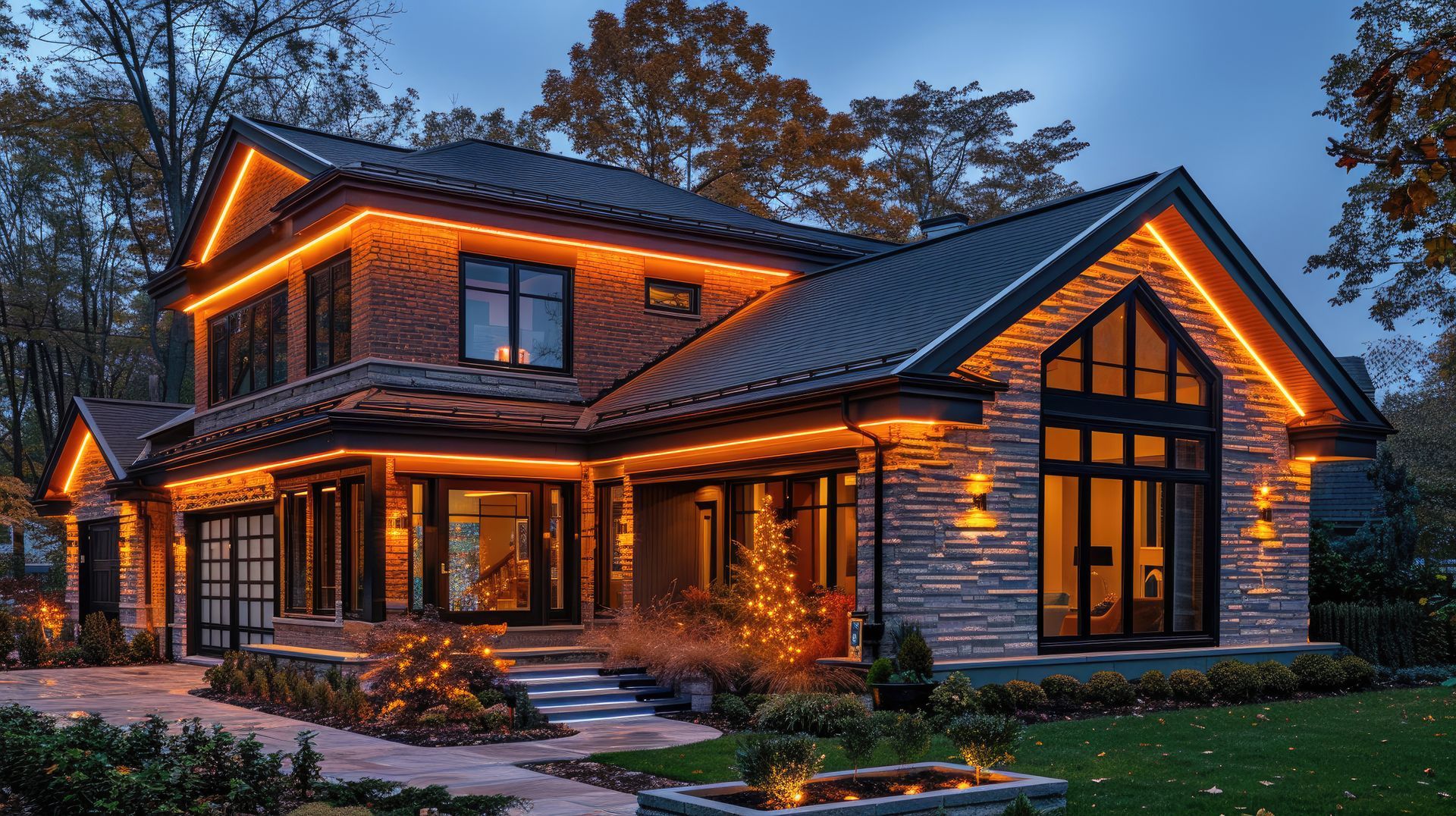 Two-story home at dusk, lit with warm lights outlining the roof and windows. Stone facade, dark roof, and windows.