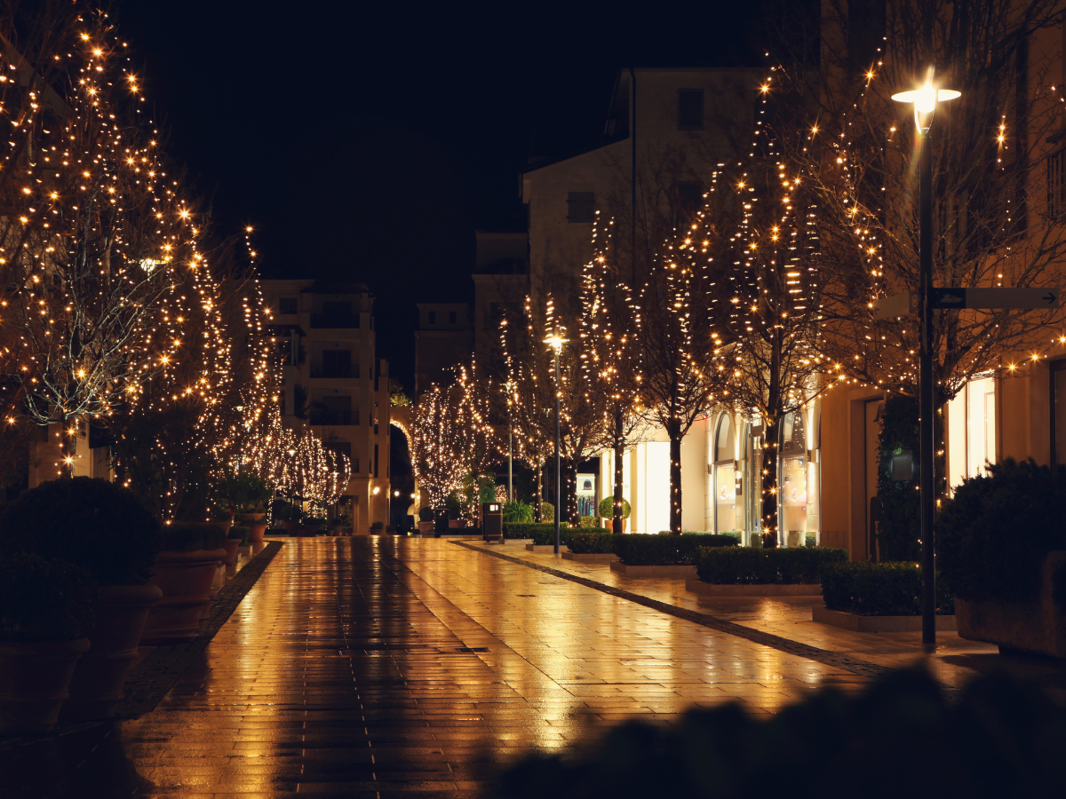 Street lined with trees adorned with glowing yellow lights at night. Reflective wet pavement.