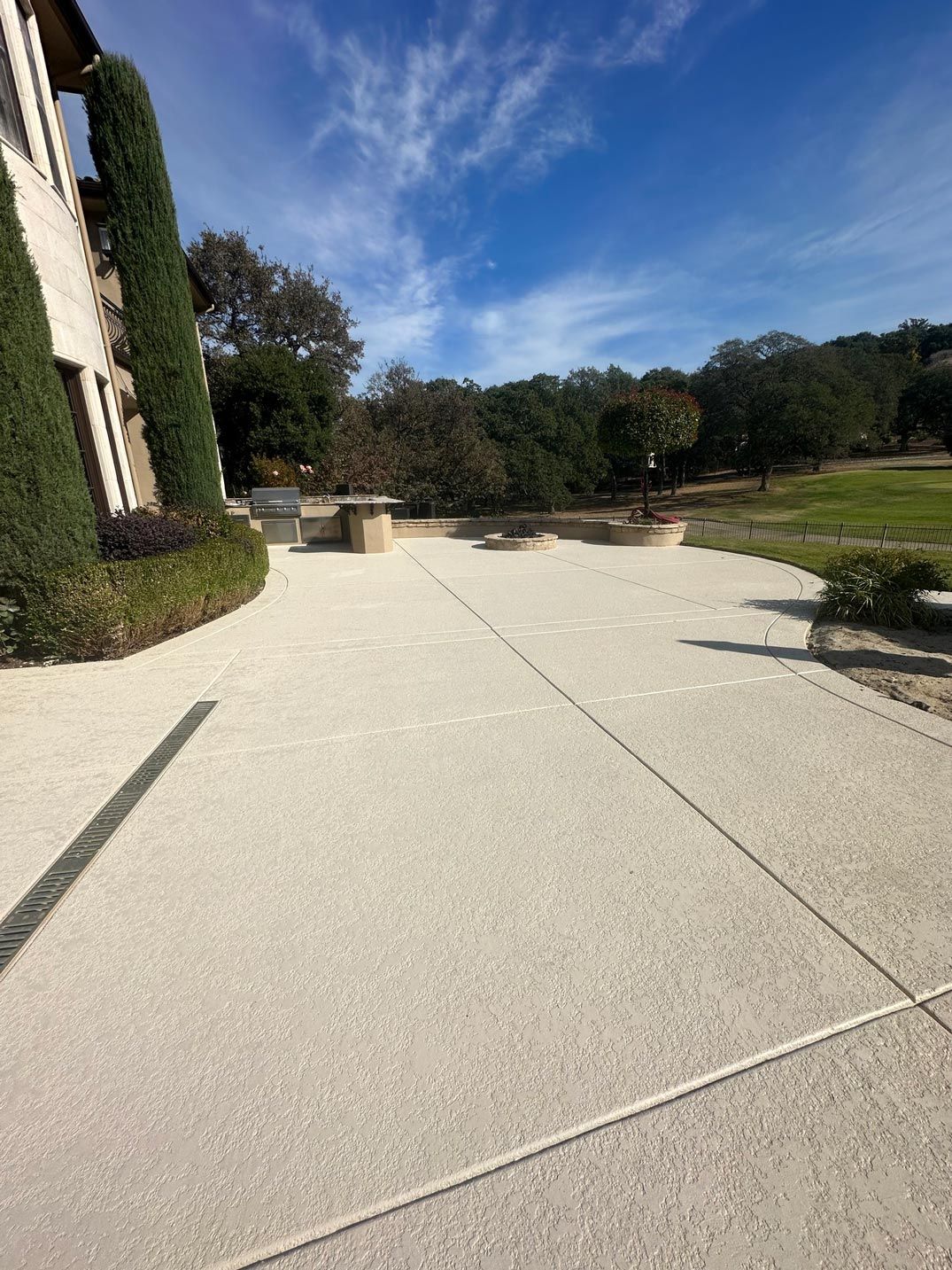 A concrete driveway leading to a house with trees in the background