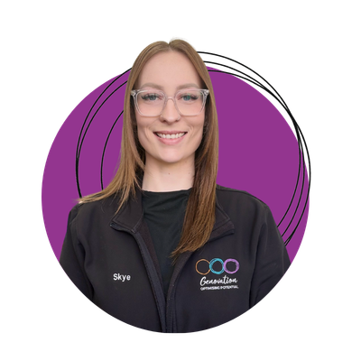 A woman in a blue shirt is smiling in a purple circle
