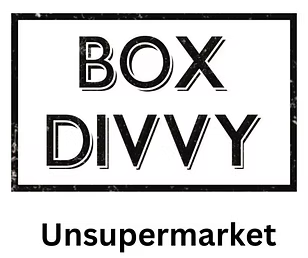 A black and white logo for a box divvy unsupermarket.