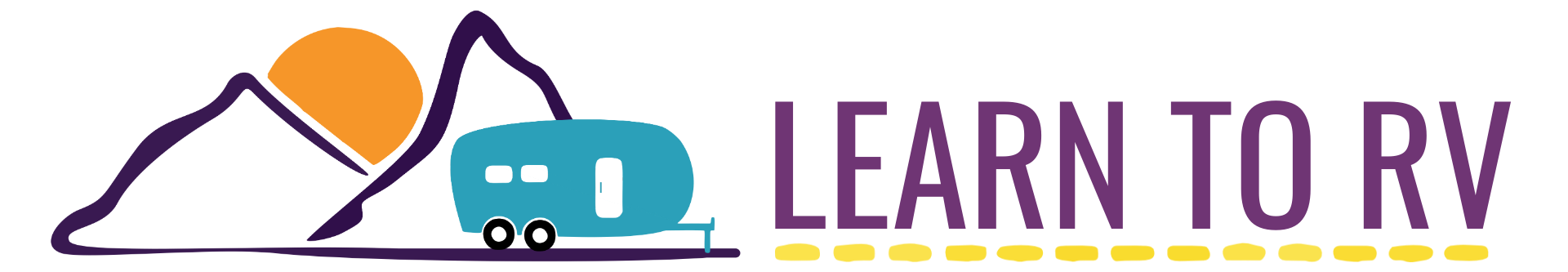 A logo for learn to rv with a rv and mountains in the background.