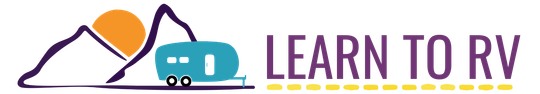 Logo: Mountains, sun, turquoise RV, Learn to RV text.