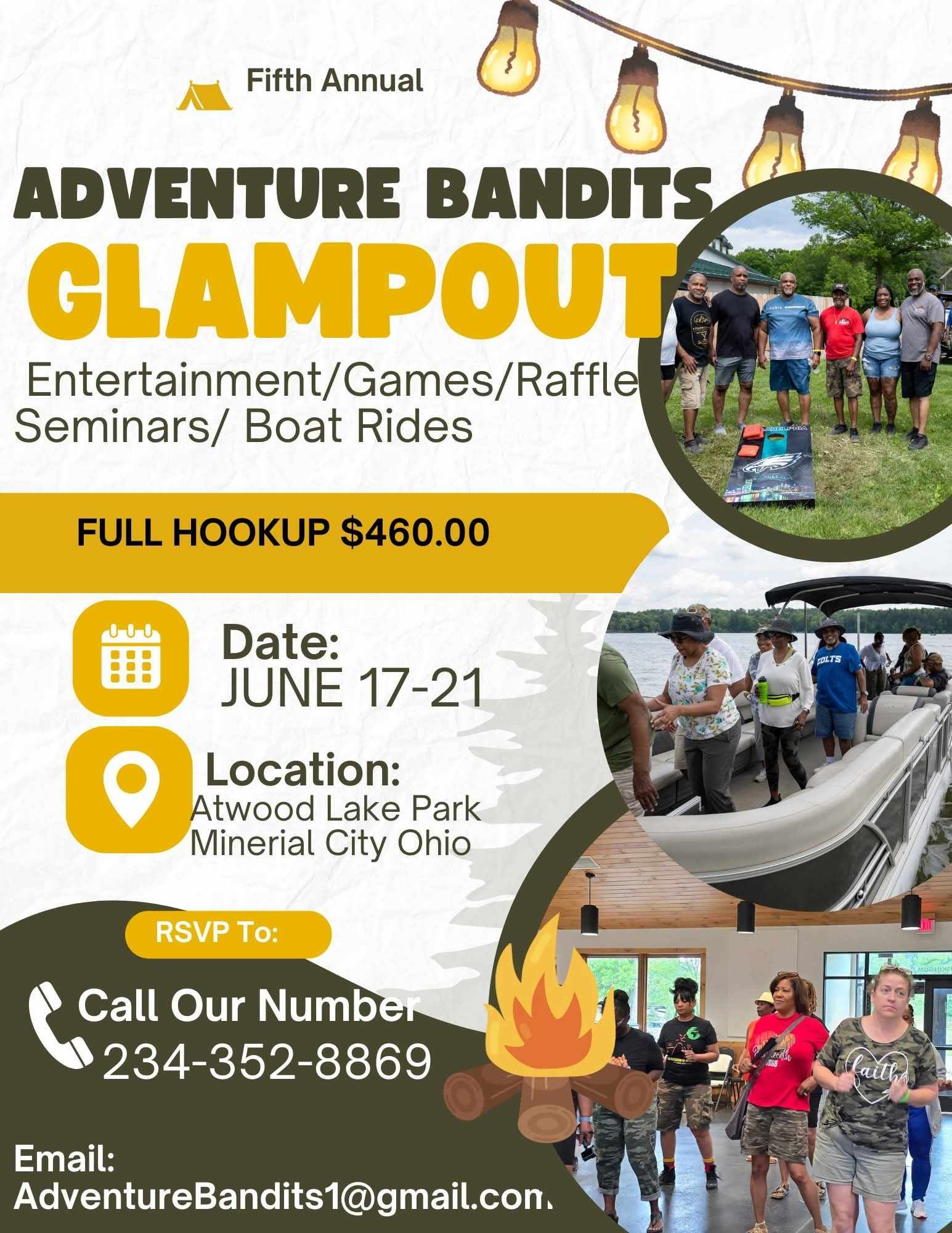 Flyer for Adventure Bandits Glampout at Atwood Lake Park in Ohio, featuring activities like boat rides.