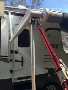 Awning support pole and mounting bracket (by OldCoot)