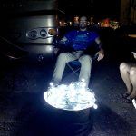Pretend campfire of Christmas lights on a propane firepit