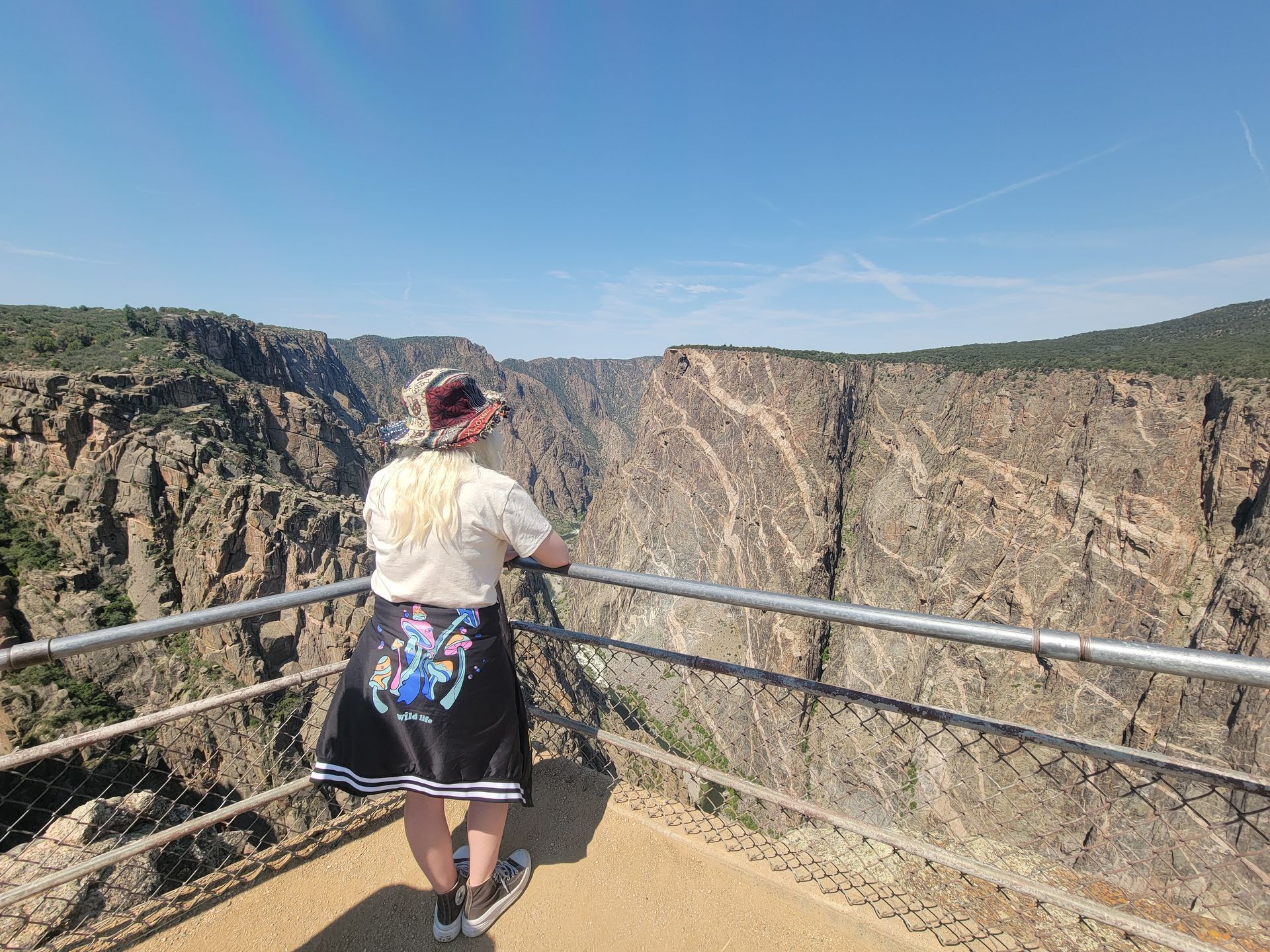 A woman is standing on a balcony overlooking a canyon.