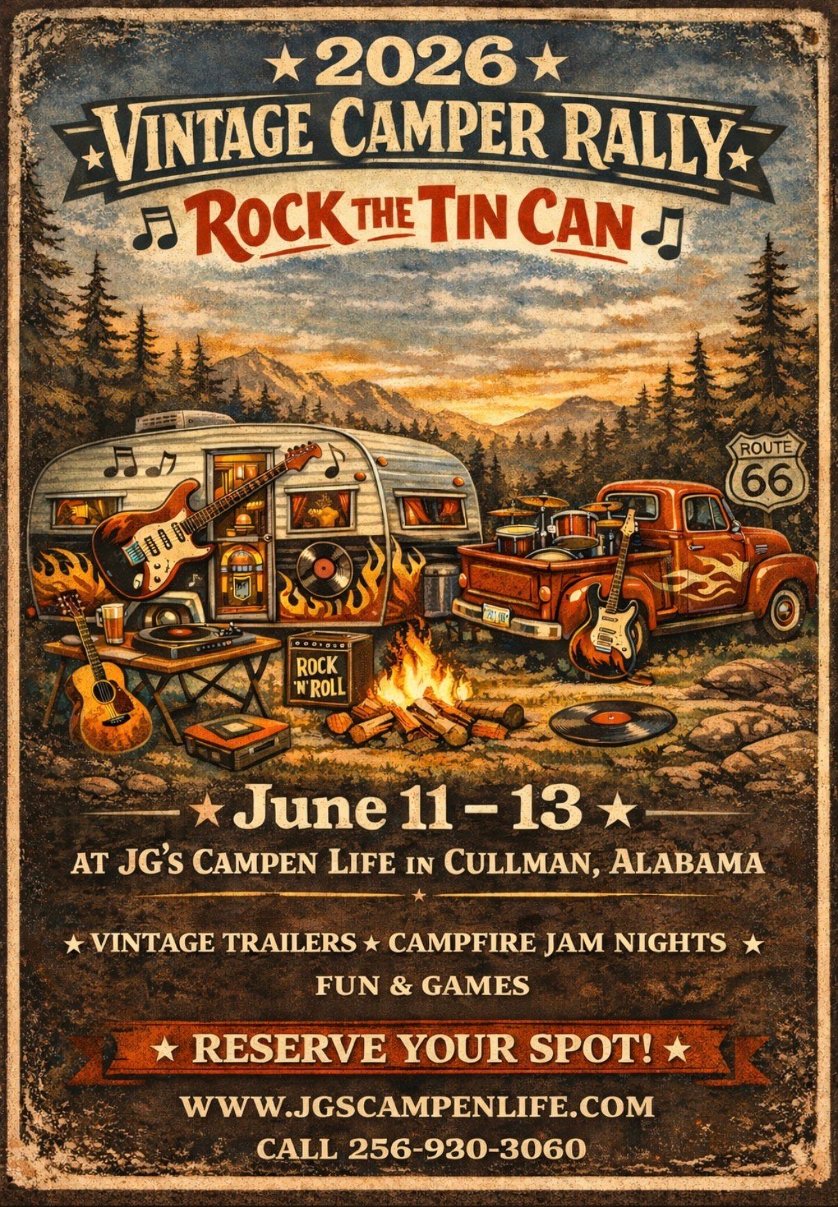 Vintage camper rally poster: 2026 event at JG's Campen Life, Cullman, AL, June 11-13. Features vintage trailers, music, and campfire.