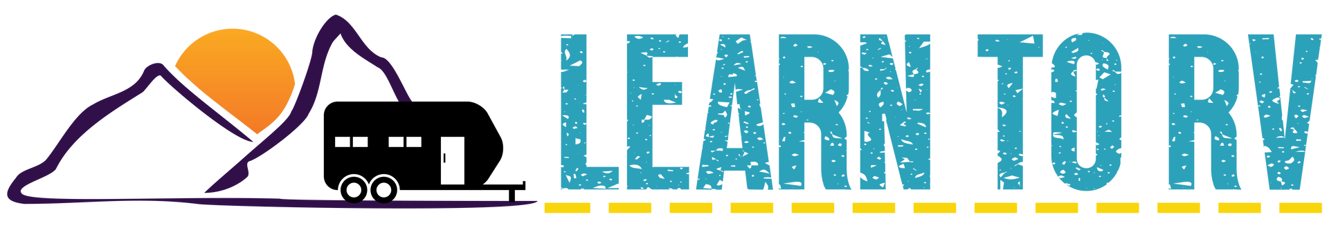A logo for learn to rv with a rv and mountains in the background.