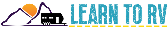 A logo for learn to rv with a rv and mountains in the background.