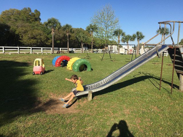 A little girl is sliding down a slide in a playground.