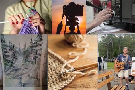 A collage of photos shows a woman knitting a man playing a guitar and a painting.
