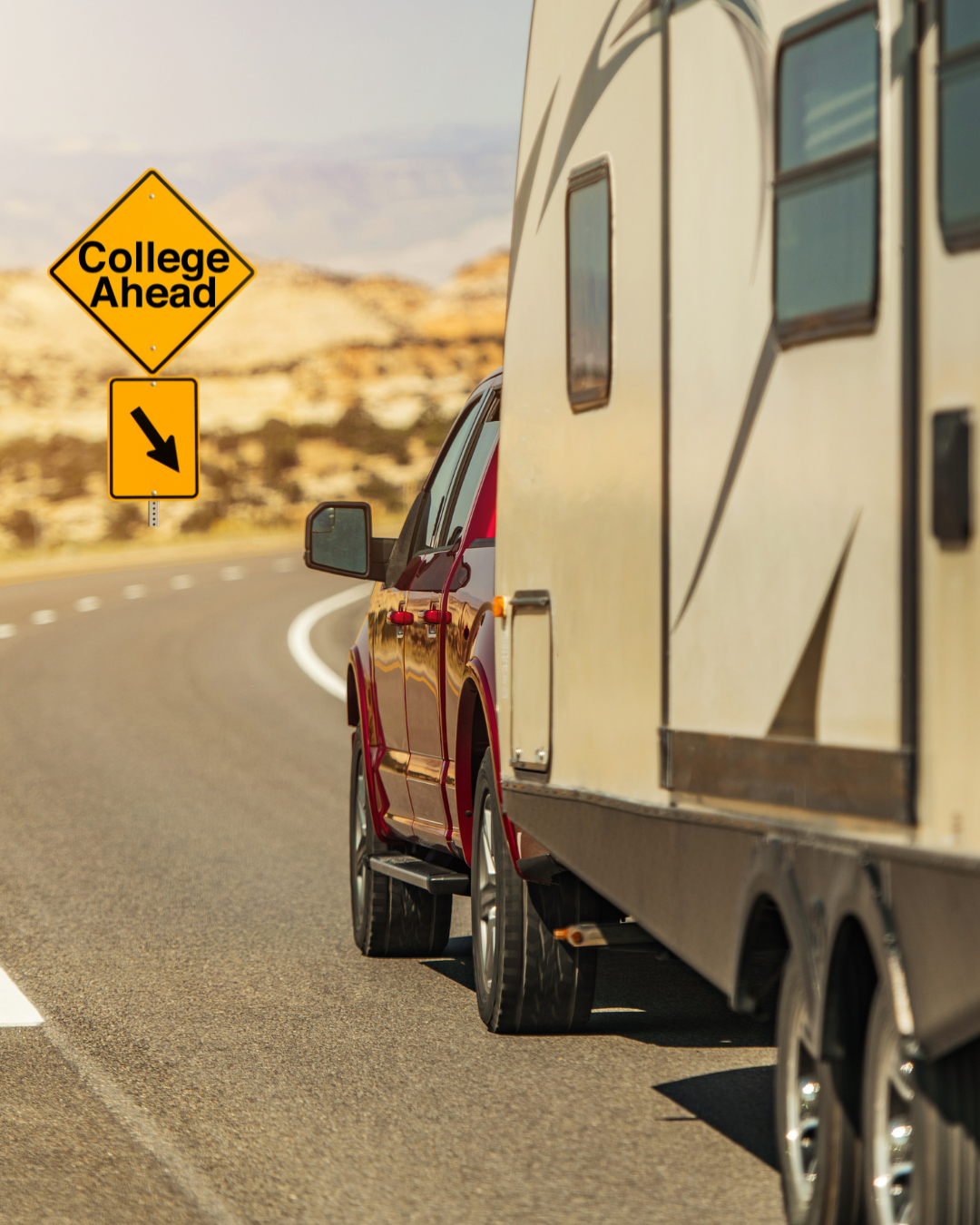 A yellow sign on the side of the road says college ahead