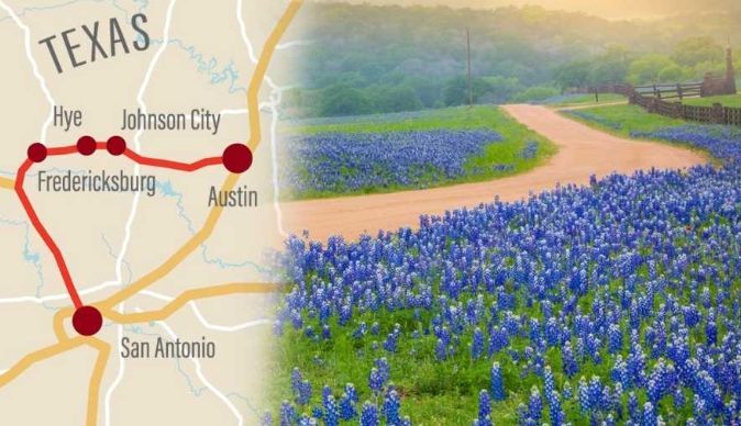 A map of Texas locations including Austin and San Antonio, transitioning to a dirt road through a field of bluebonnets.