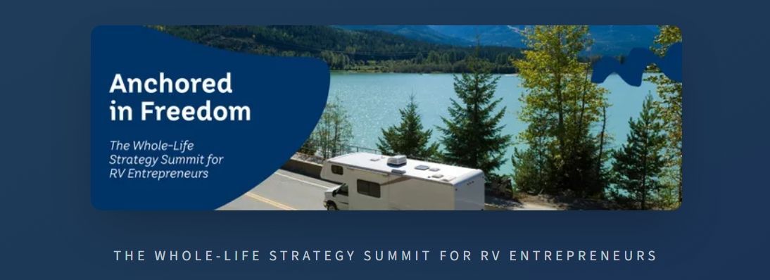 Blue banner reading “Anchored in Freedom” over a lake and evergreen forest with mountains.