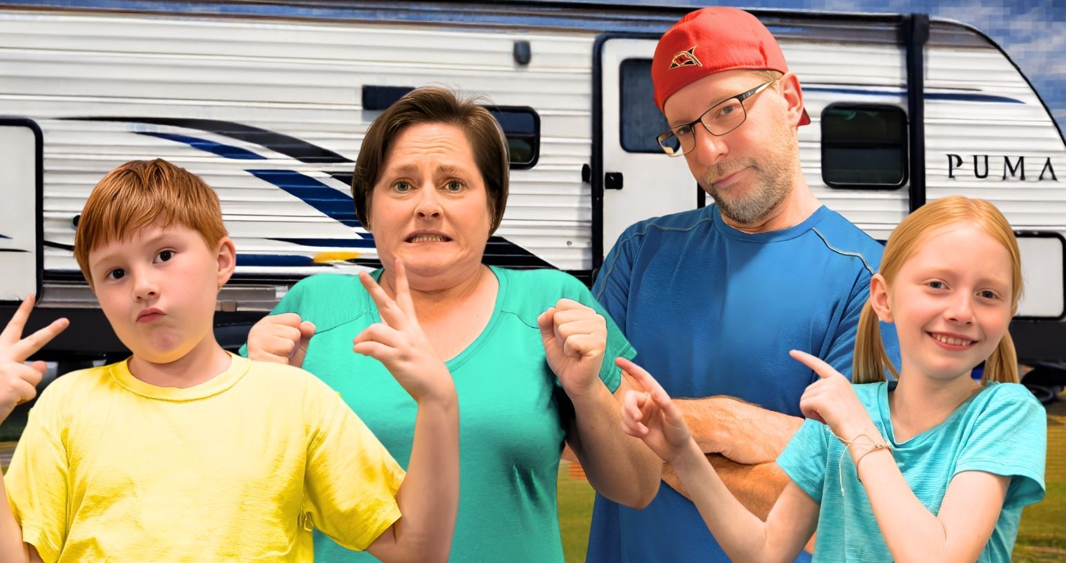 Four people posing in front of a white RV, smiling and holding up flexed arms