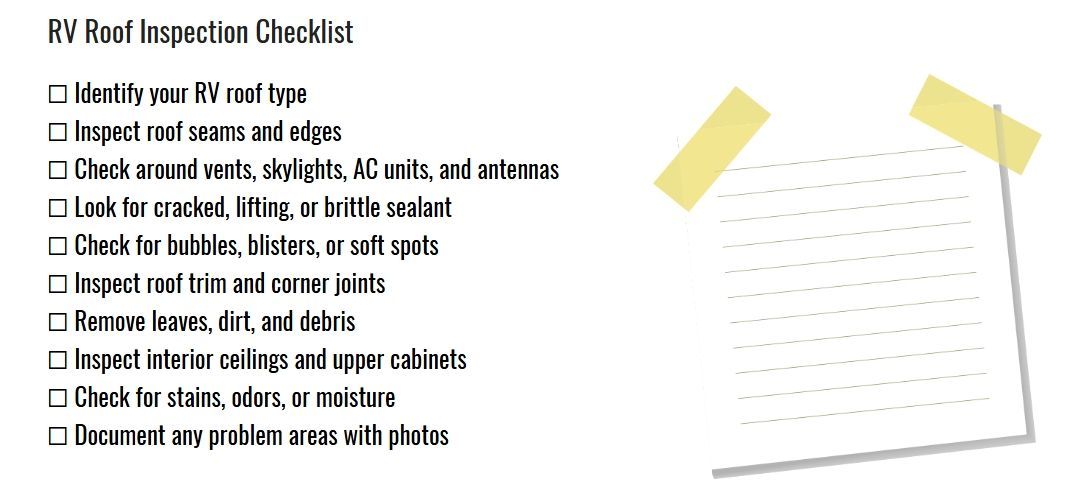 An RV roof inspection checklist with ten action items next to a blank notepad icon on a white background.