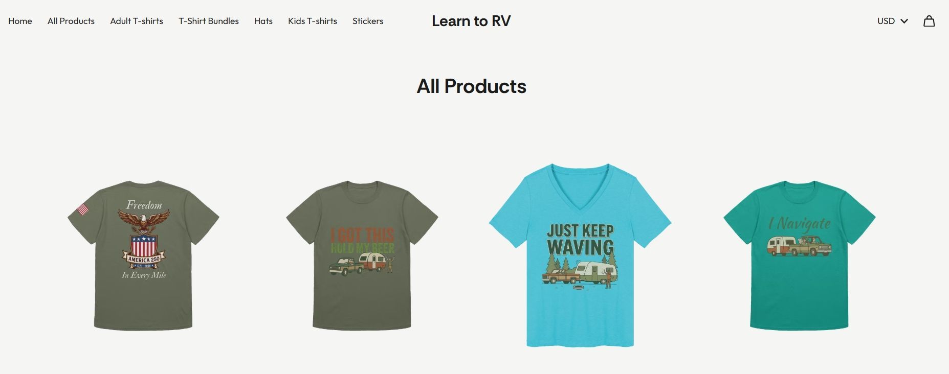 Online shop page showing four graphic T-shirts in olive, olive, blue, and teal on a white background