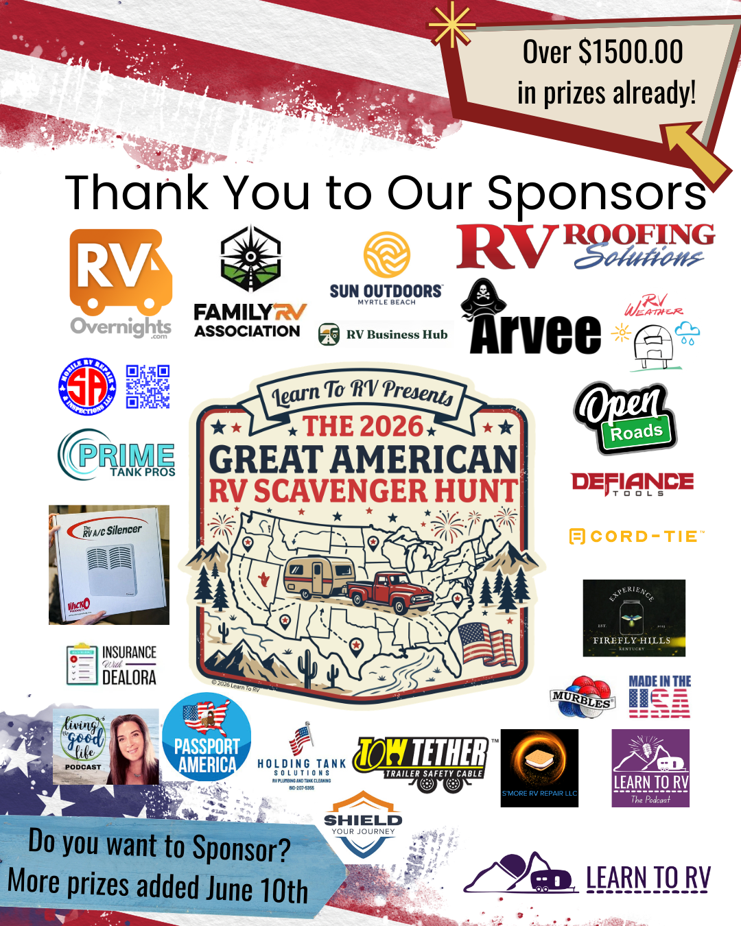 Sponsor thank-you collage for the 2026 Great American RV Scavenger Hunt with RV logos and sponsor names