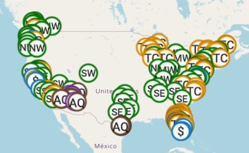 A map of the united states with circles and a dollar sign