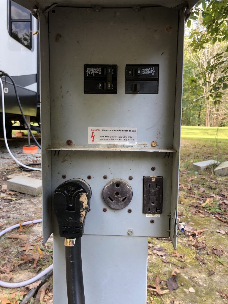 A power box with a hose attached to it and a rv in the background.