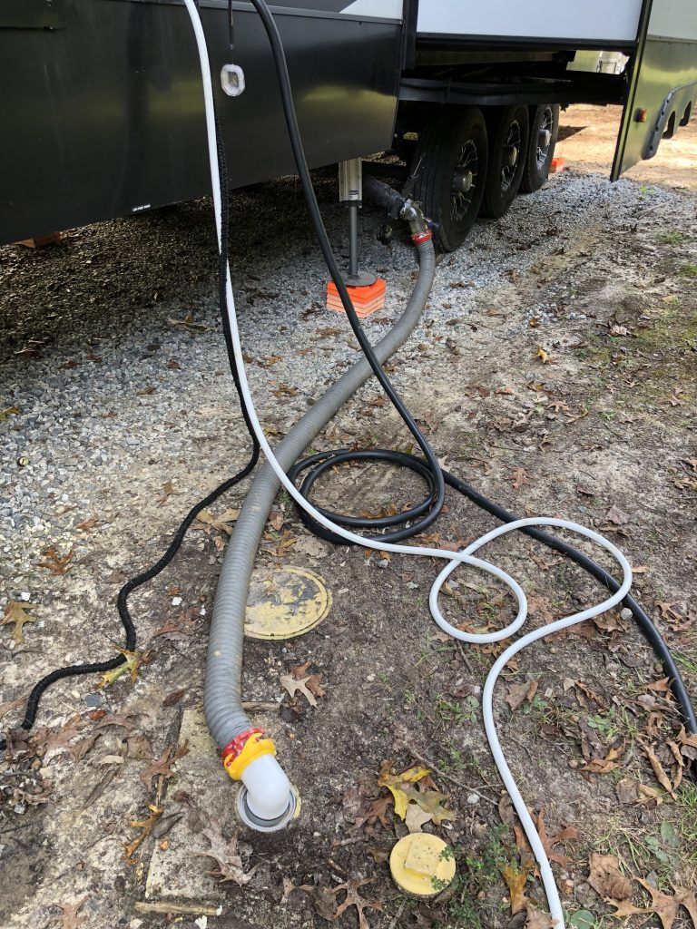 A hose is connected to a rv trailer.