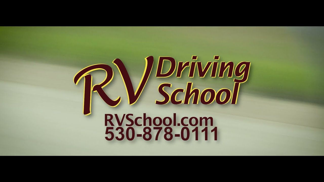 A logo for rv driving school with a phone number