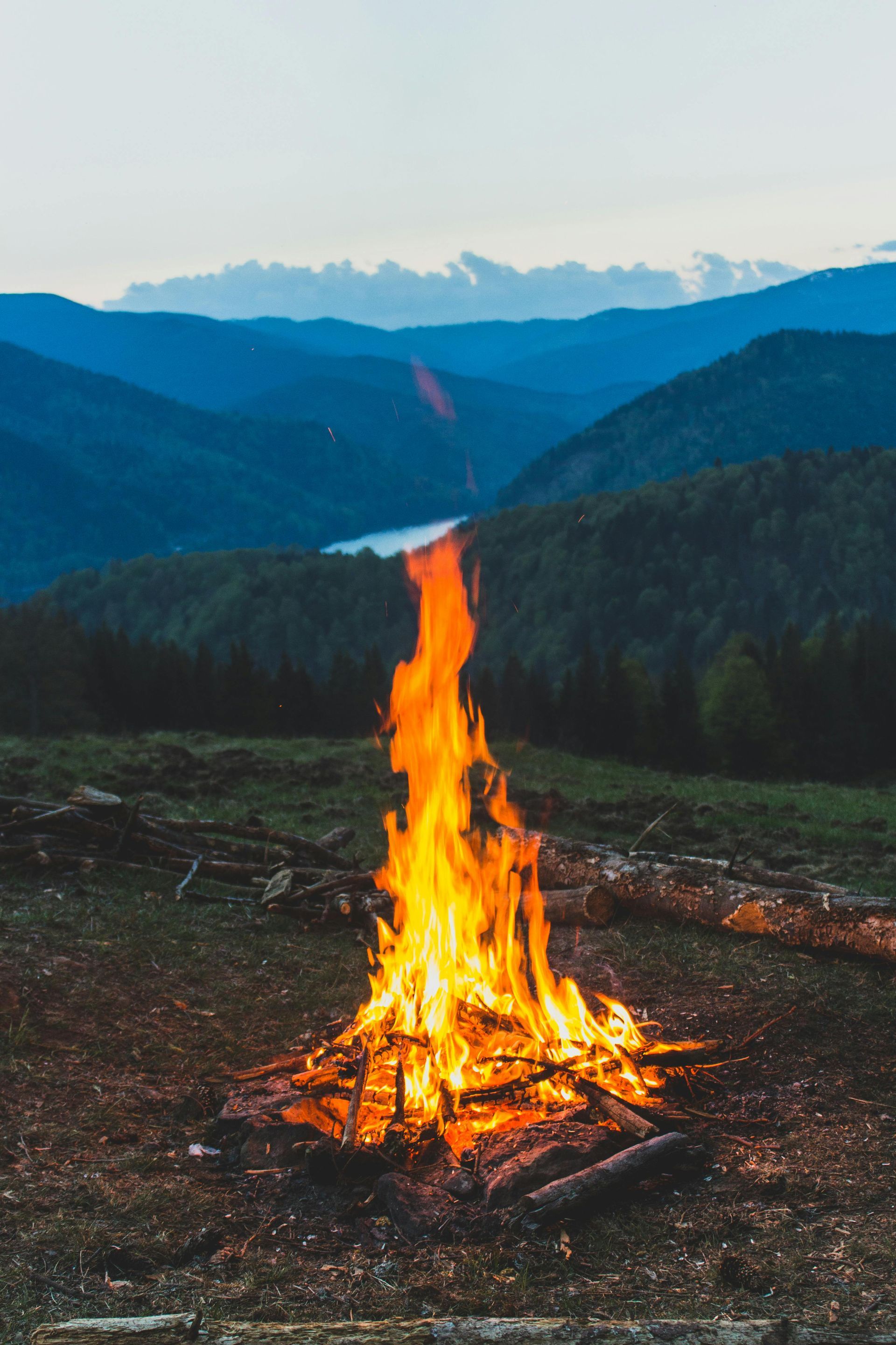 A campfire in the middle of a field with mountains in the background.